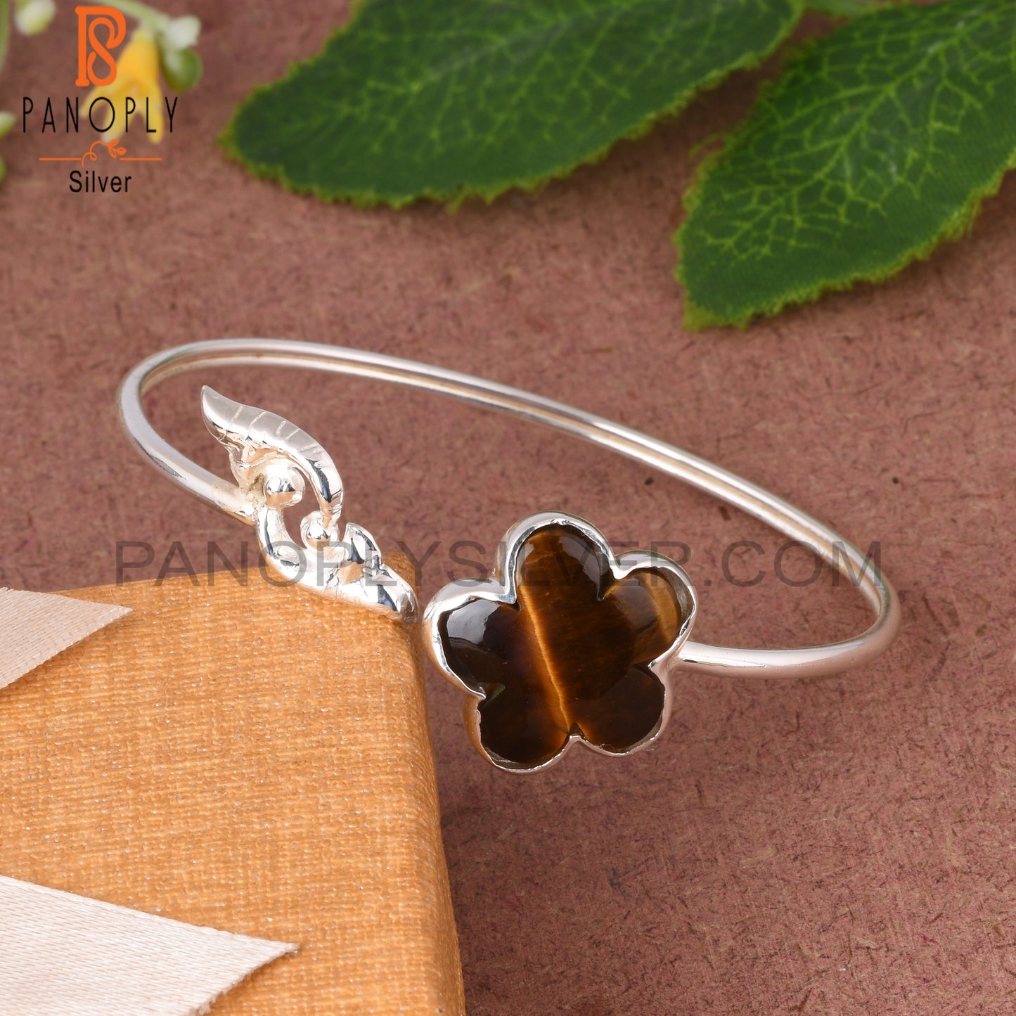 Tiger Eye Yellow Sun Flower Shape 925 Sterling Silver Cuff