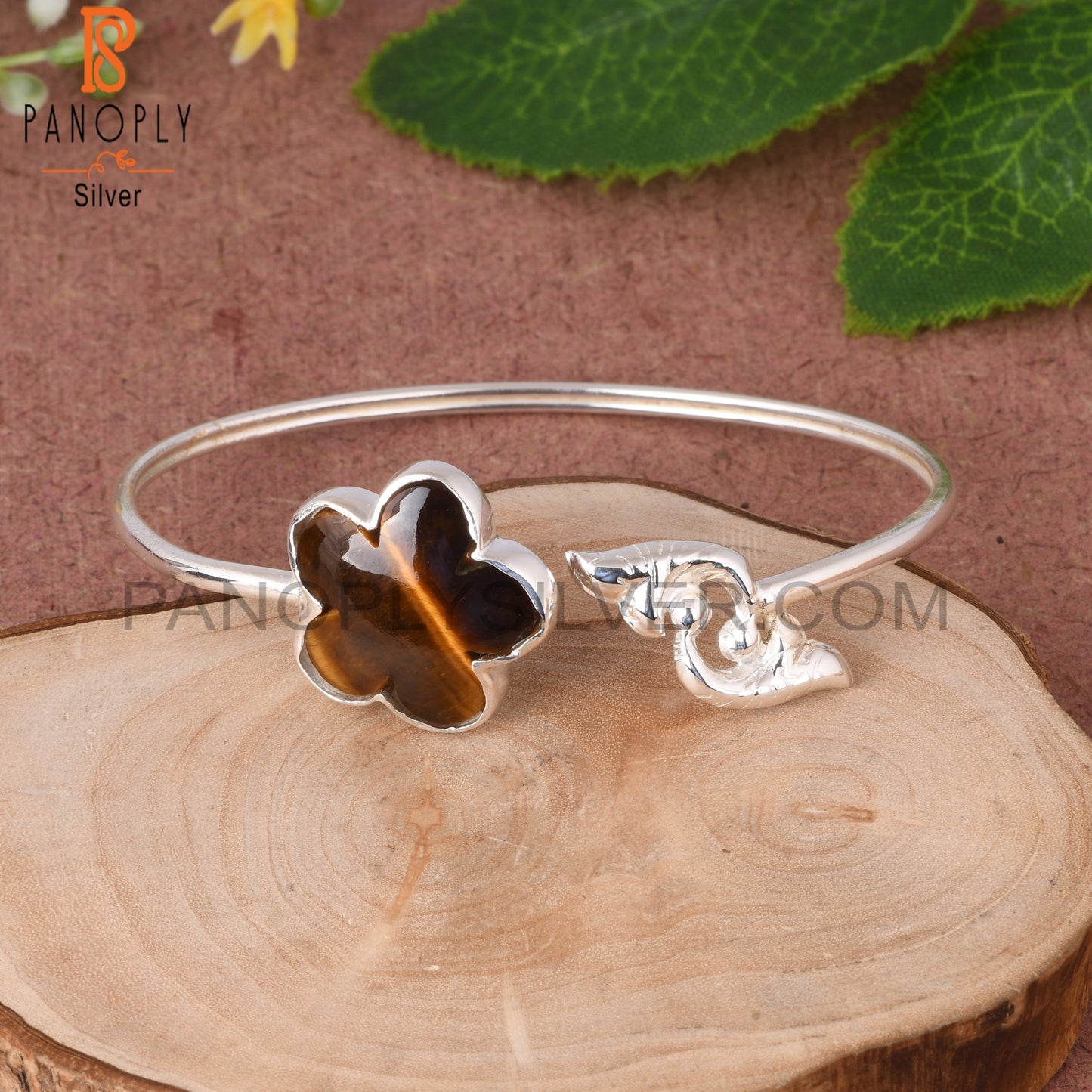 Tiger Eye Yellow Sun Flower Shape 925 Sterling Silver Cuff