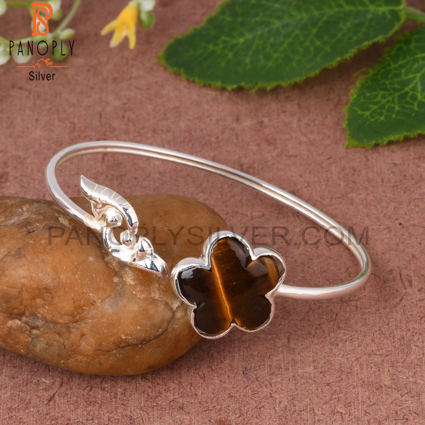 Tiger Eye Yellow Sun Flower Shape 925 Sterling Silver Cuff
