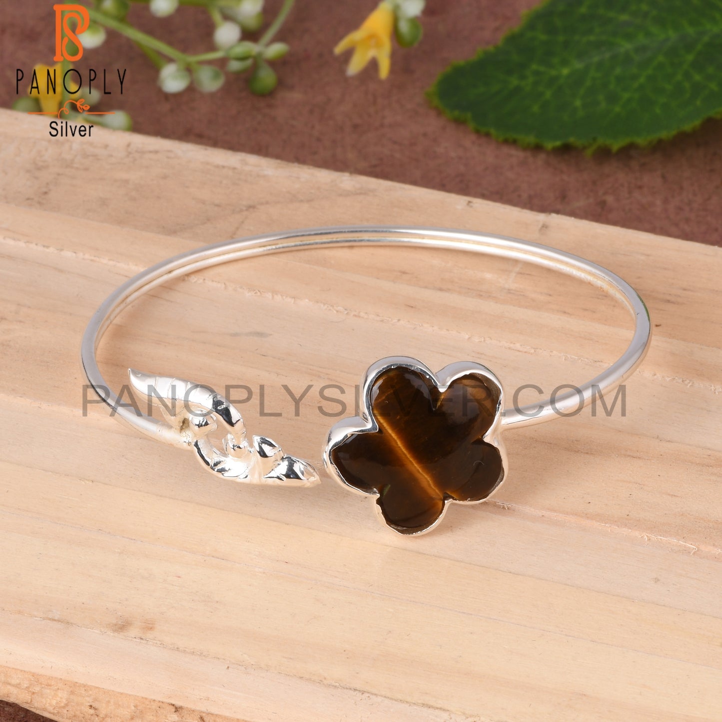 Tiger Eye Yellow Sun Flower Shape 925 Sterling Silver Cuff