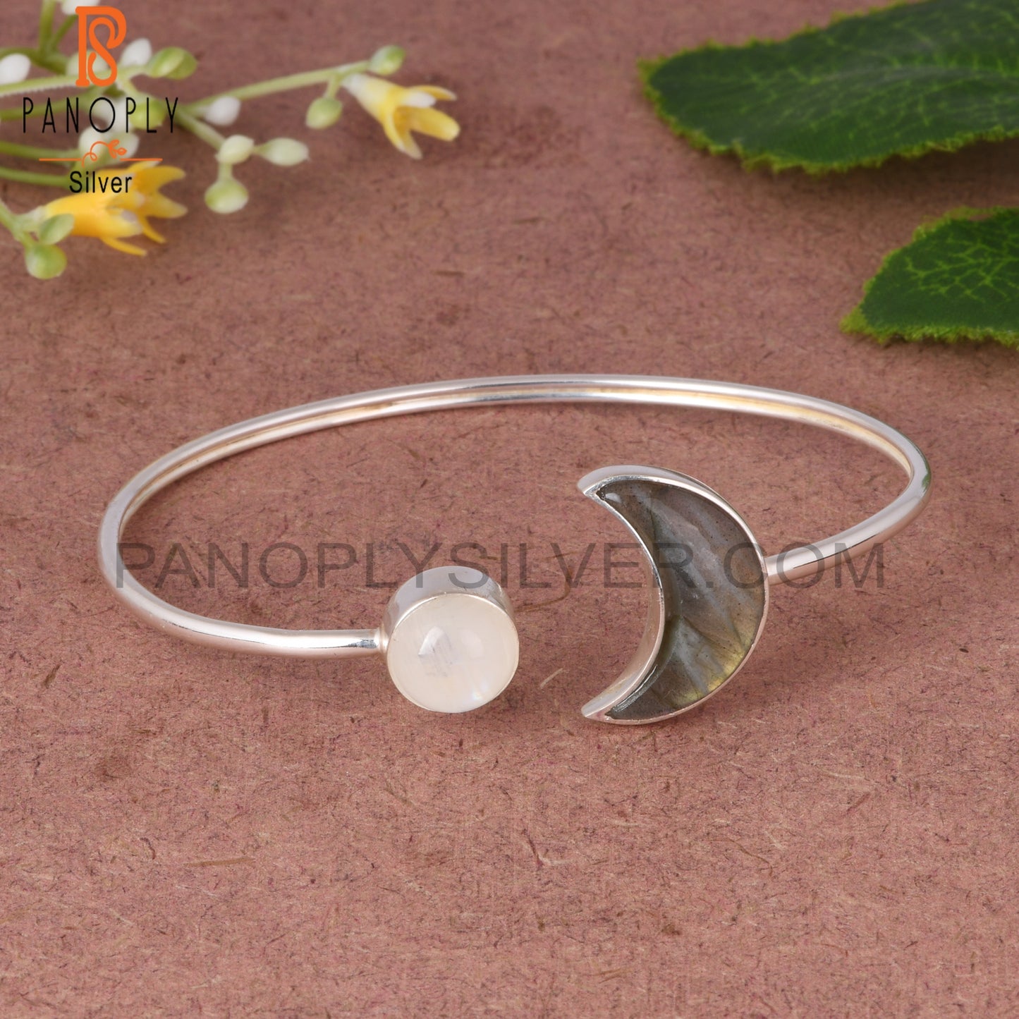 Labradorite & Rainbow Moonstone 925 Sterling Silver Bangle