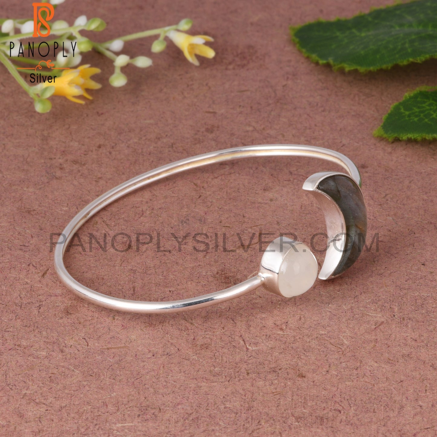 Labradorite & Rainbow Moonstone 925 Sterling Silver Bangle