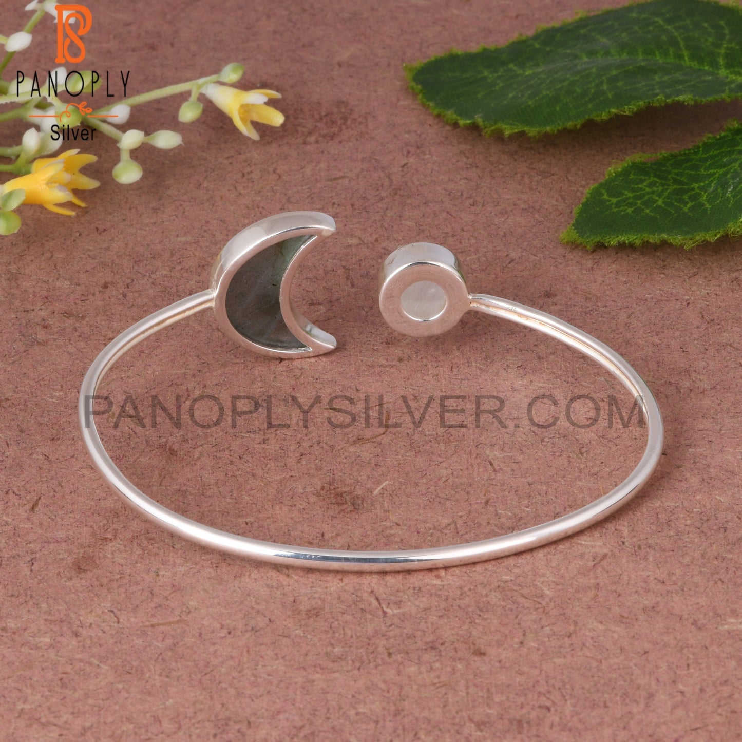 Labradorite & Rainbow Moonstone 925 Sterling Silver Bangle