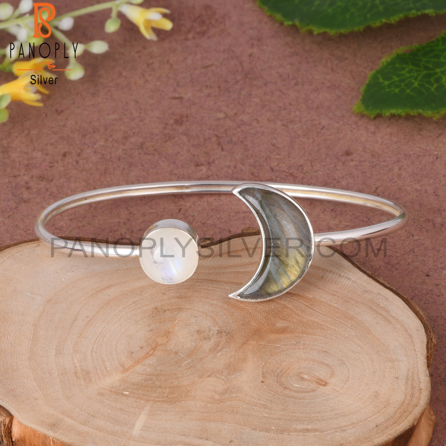Labradorite & Rainbow Moonstone 925 Sterling Silver Bangle