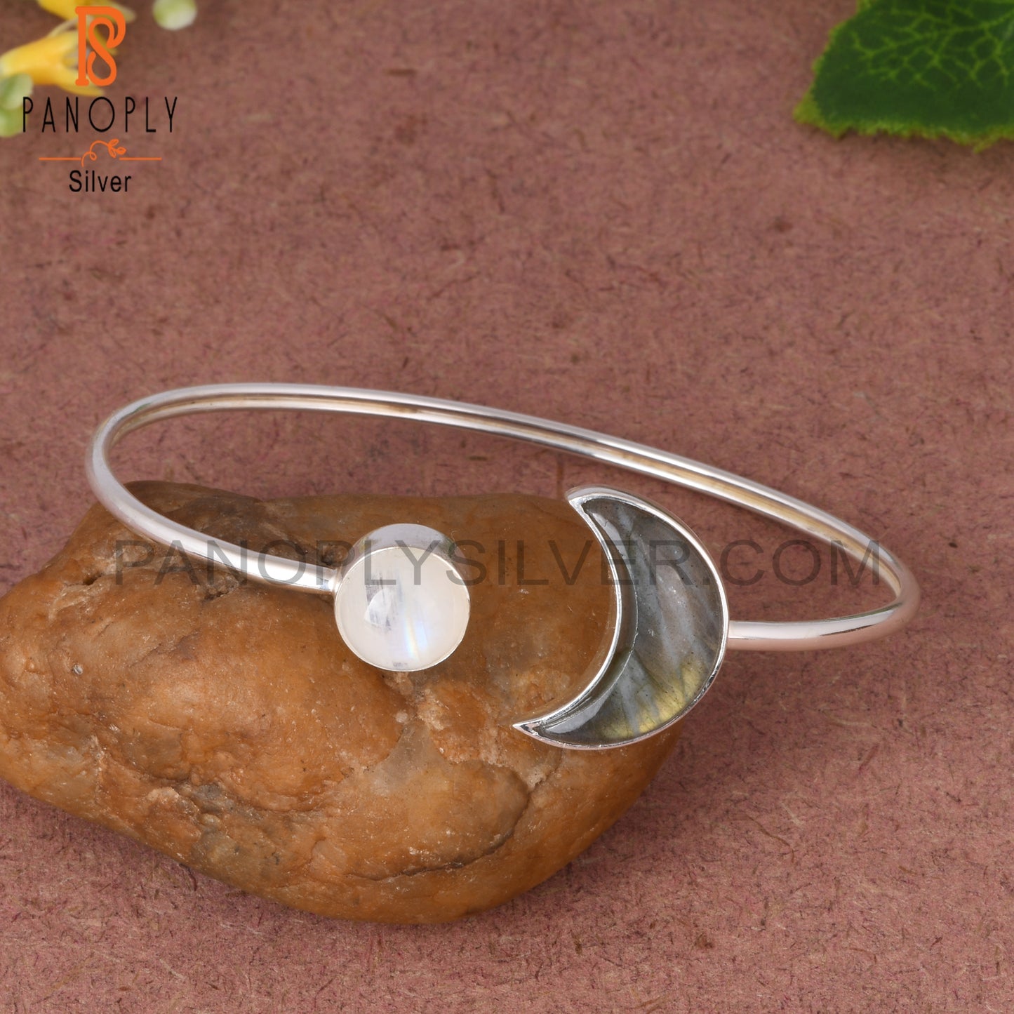Labradorite & Rainbow Moonstone 925 Sterling Silver Bangle