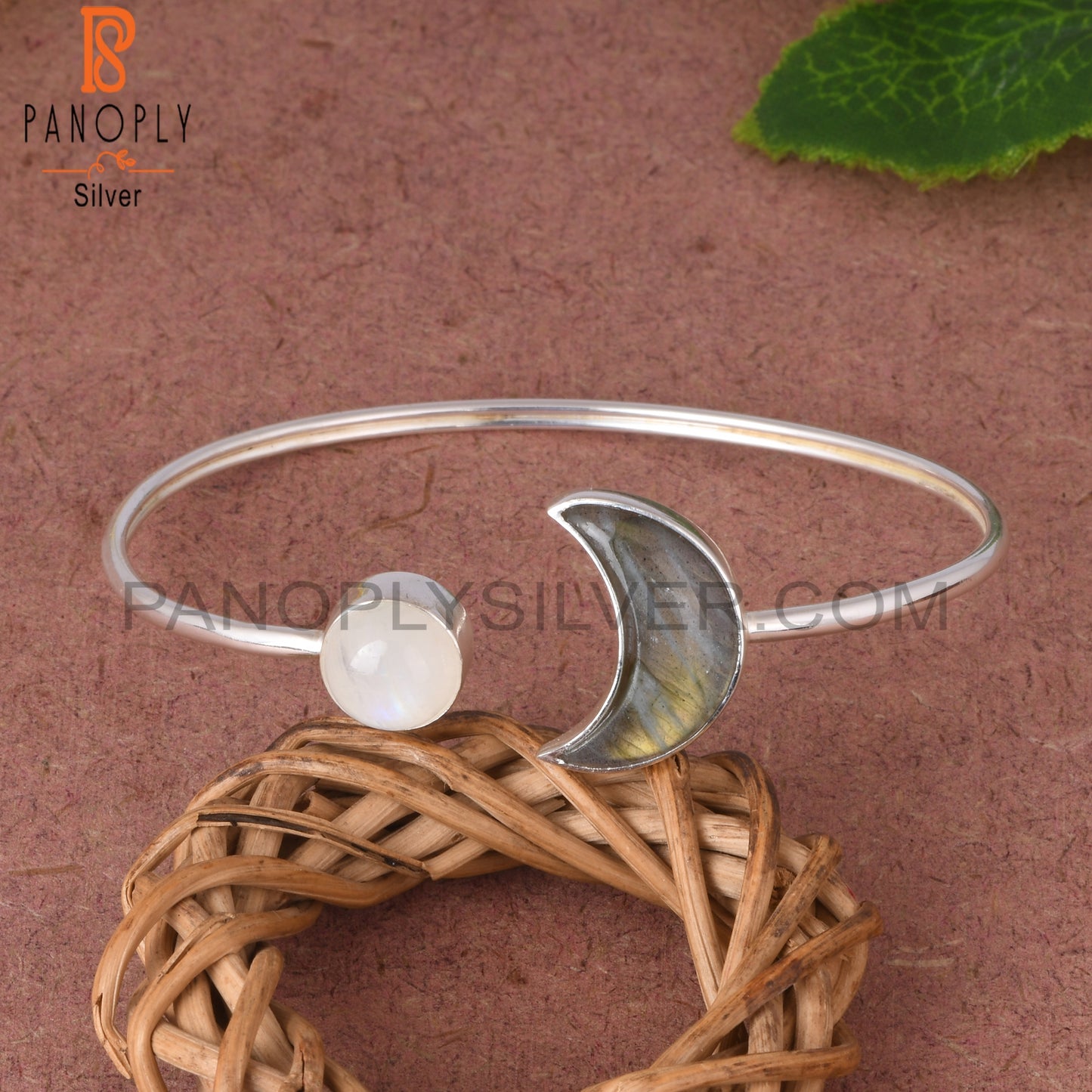 Labradorite & Rainbow Moonstone 925 Sterling Silver Bangle