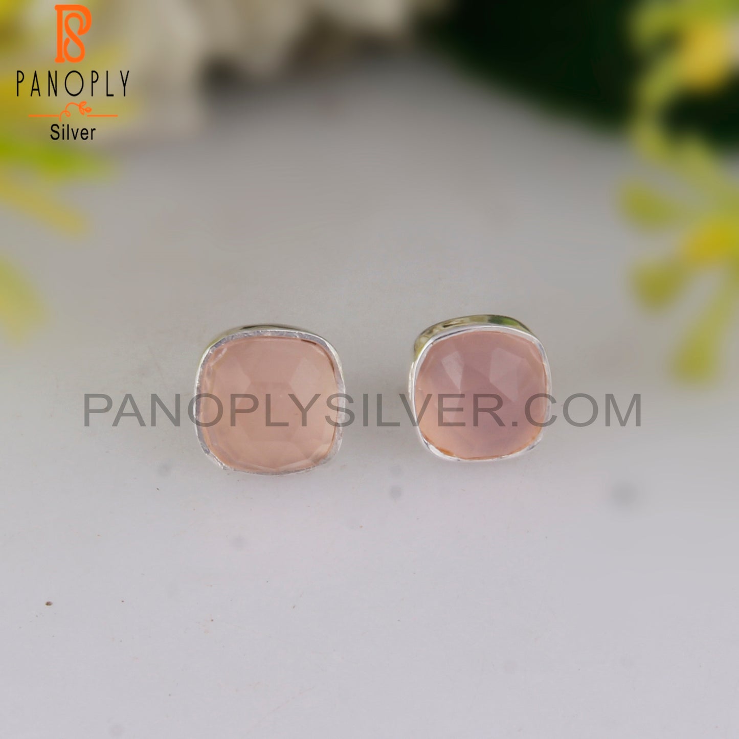 Rose Quartz Cushion 925 Sterling Silver Stud Earrings