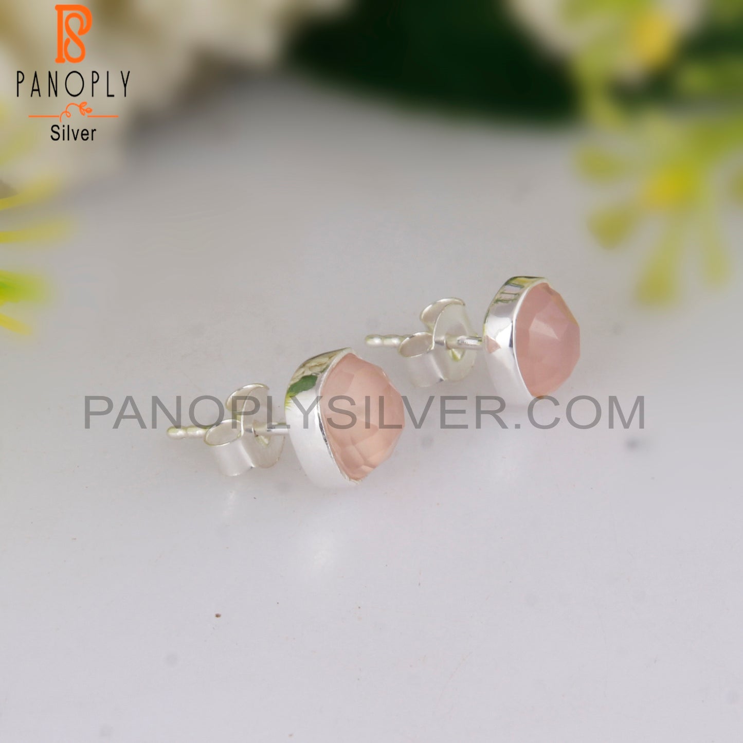 Rose Quartz Cushion 925 Sterling Silver Stud Earrings