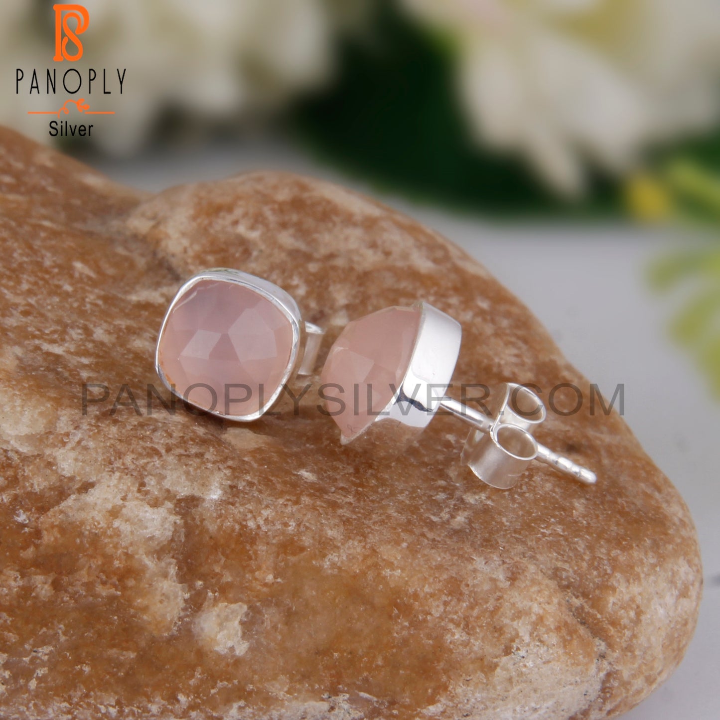 Rose Quartz Cushion 925 Sterling Silver Stud Earrings