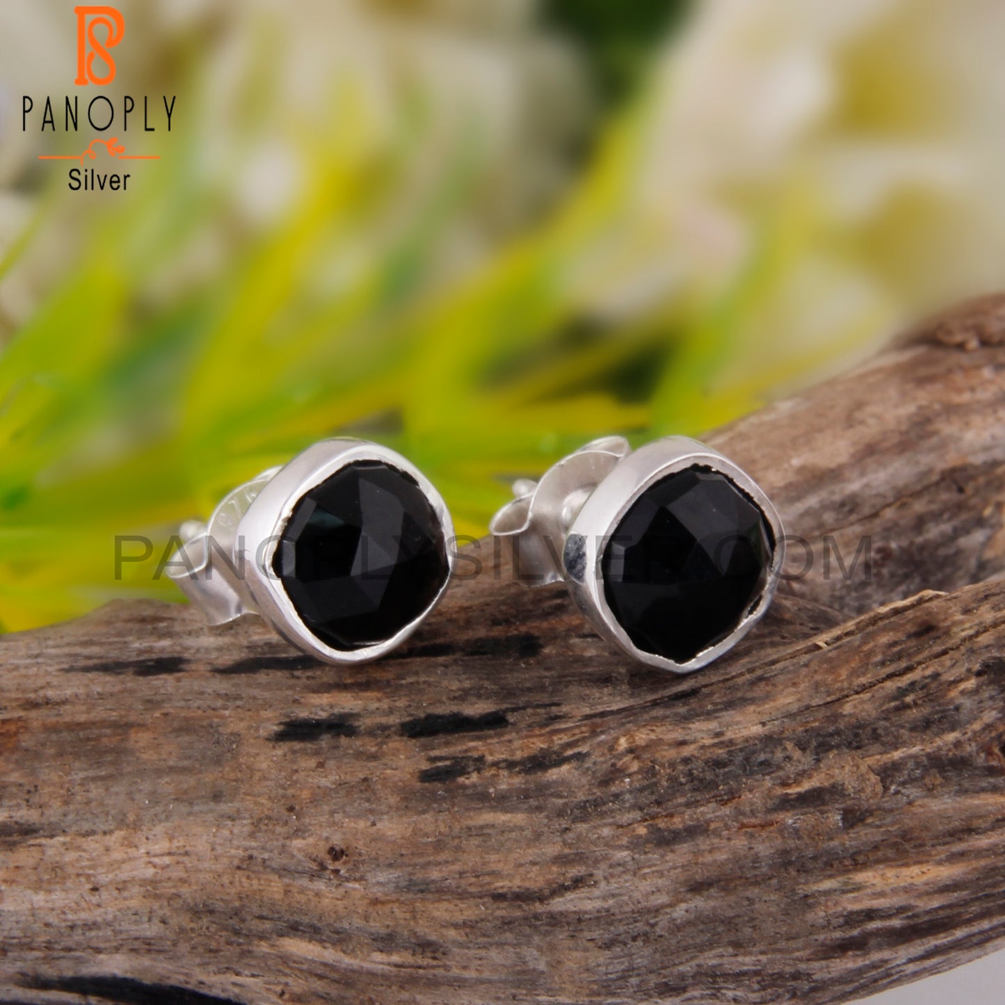 Black Onyx Cushion 925 Sterling Silver Stud Earrings