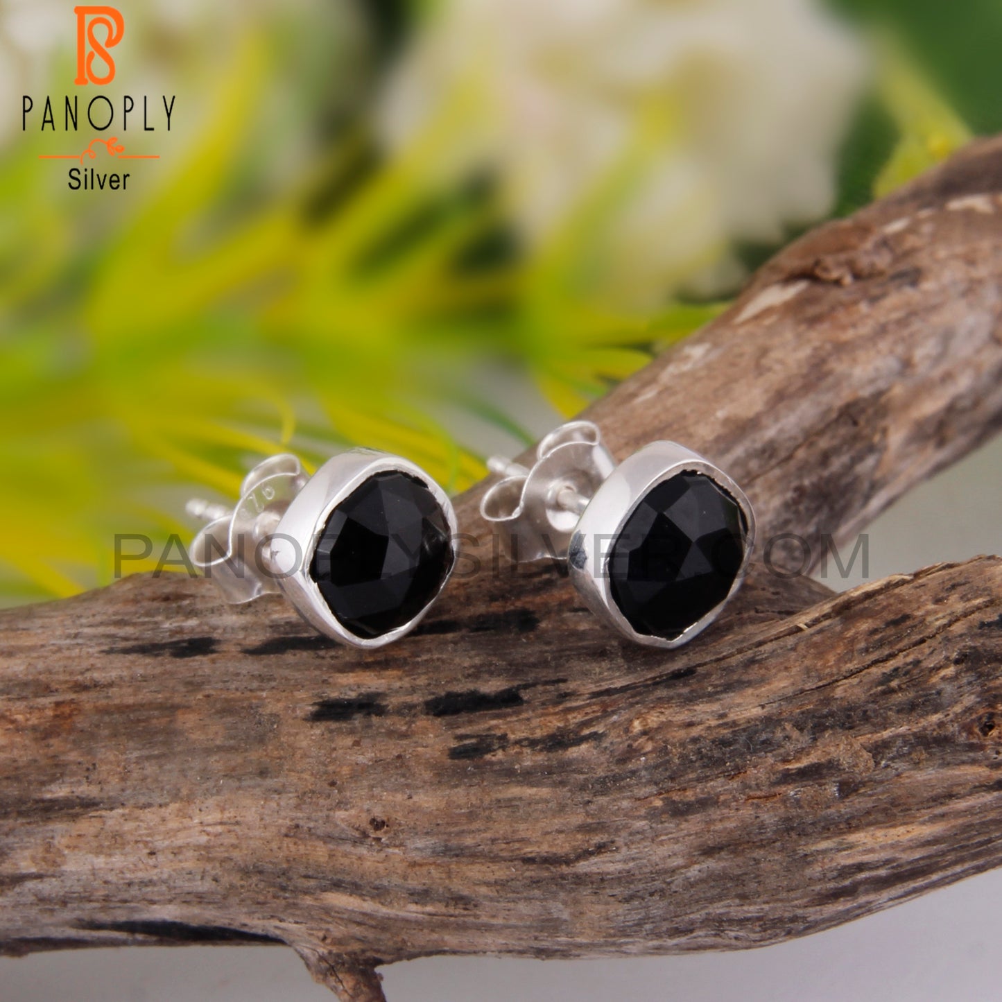 Black Onyx Cushion 925 Sterling Silver Stud Earrings