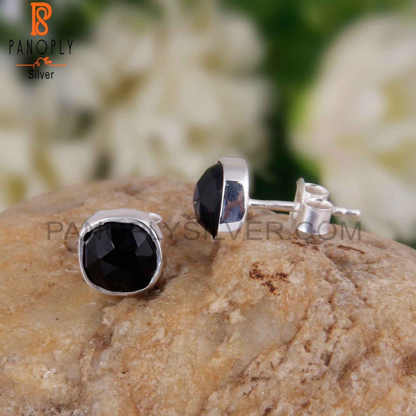 Black Onyx Cushion 925 Sterling Silver Stud Earrings