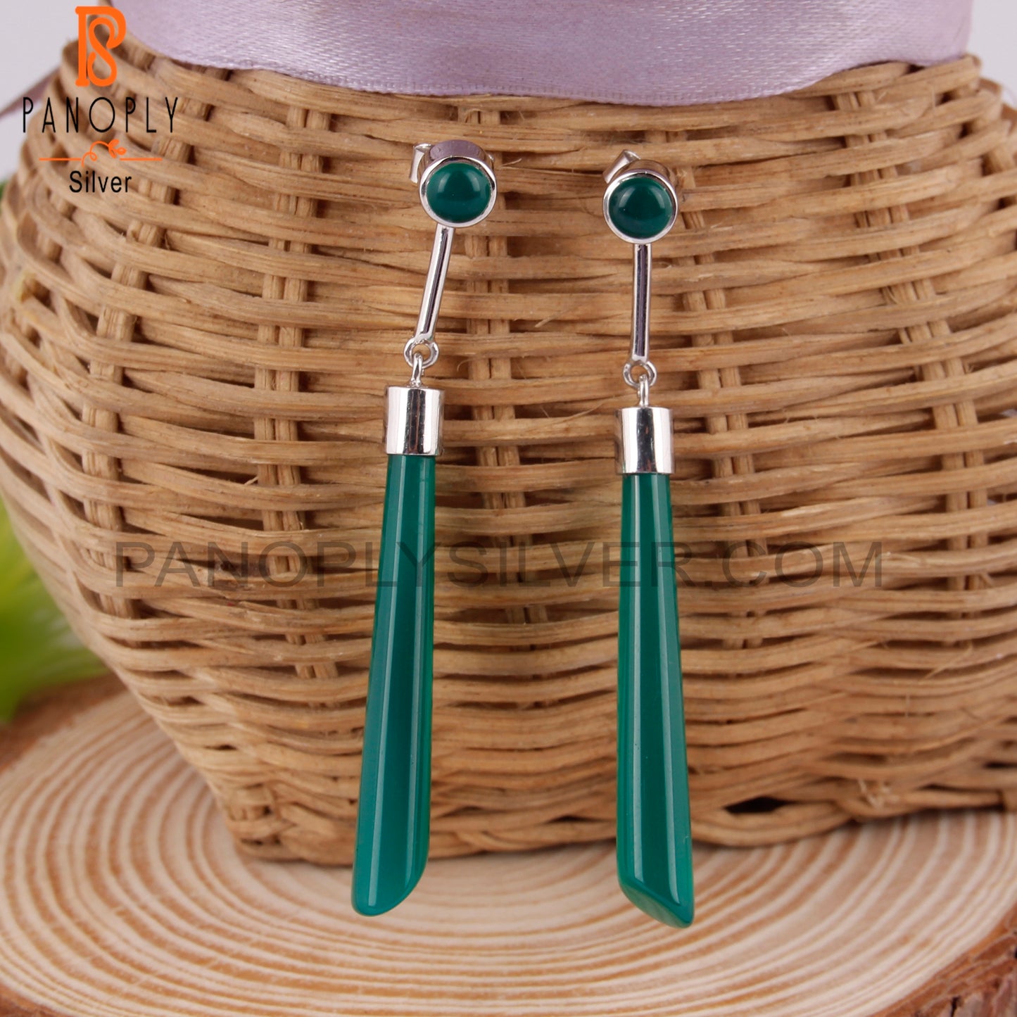 Green Onyx 925 Sterling Silver Long Earrings