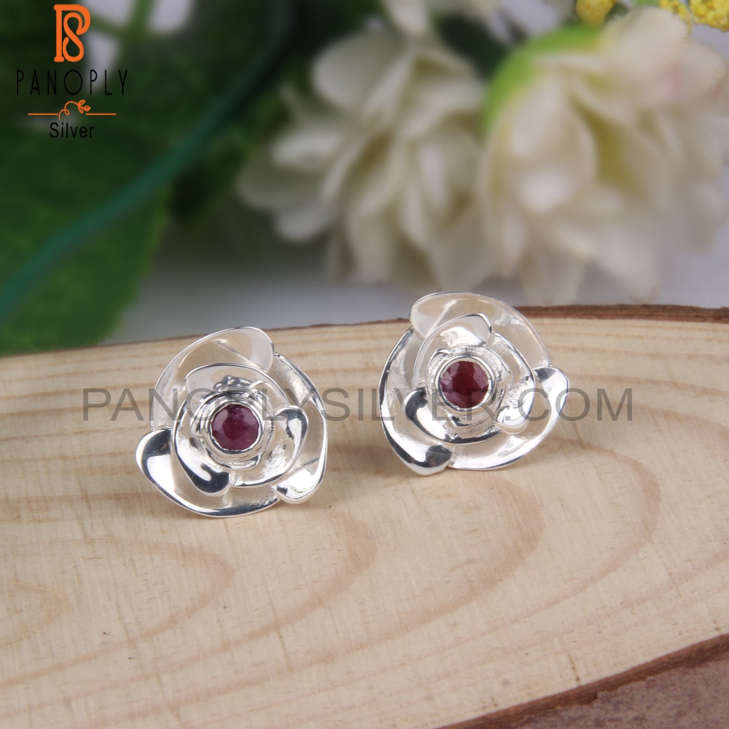 Ruby Round Shape 925 Sterling Silver Earrings