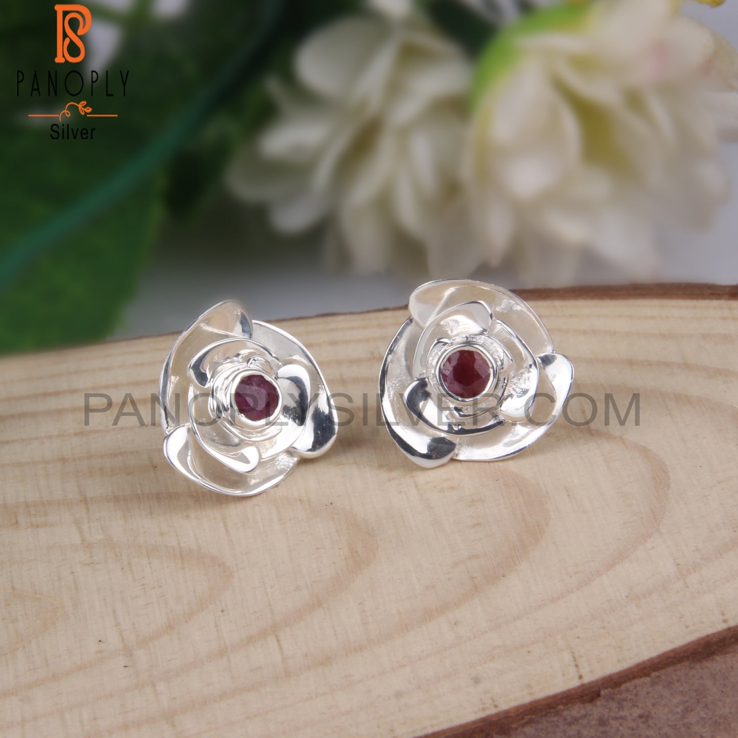 Ruby Round Shape 925 Sterling Silver Earrings