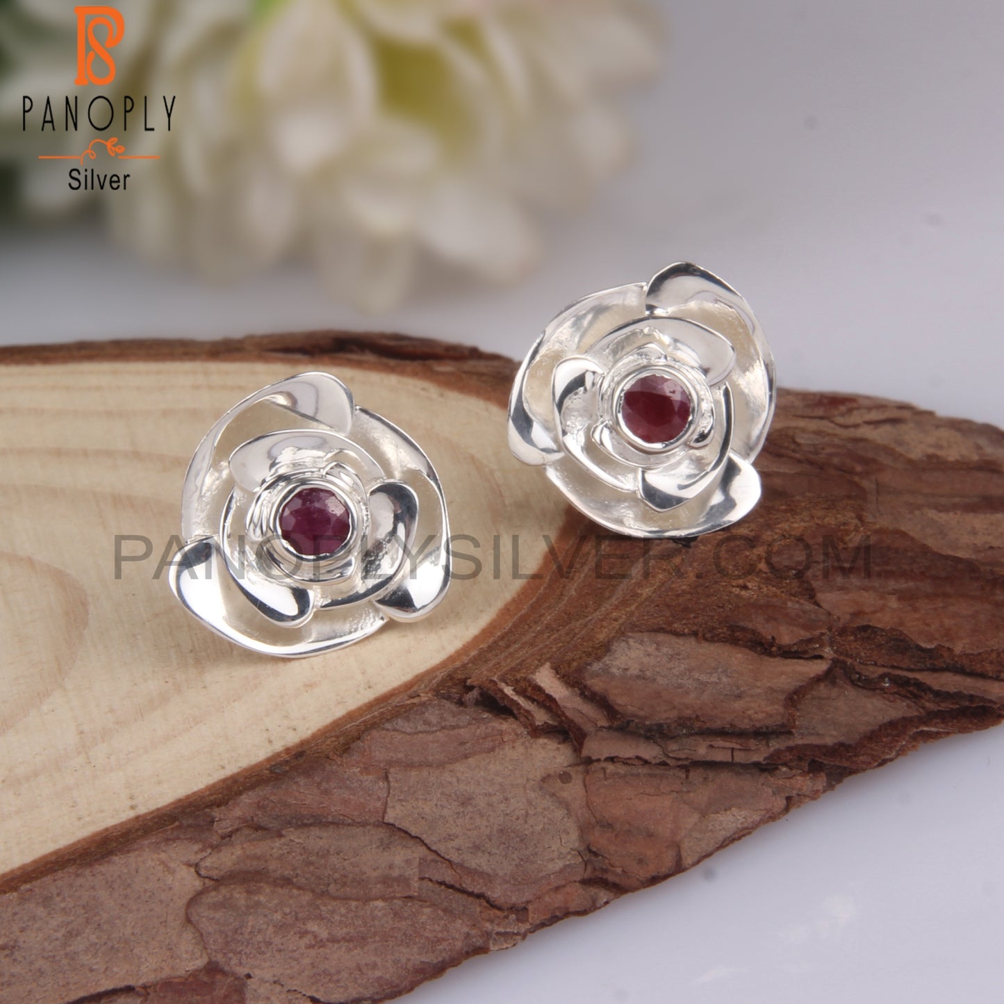 Ruby Round Shape 925 Sterling Silver Earrings