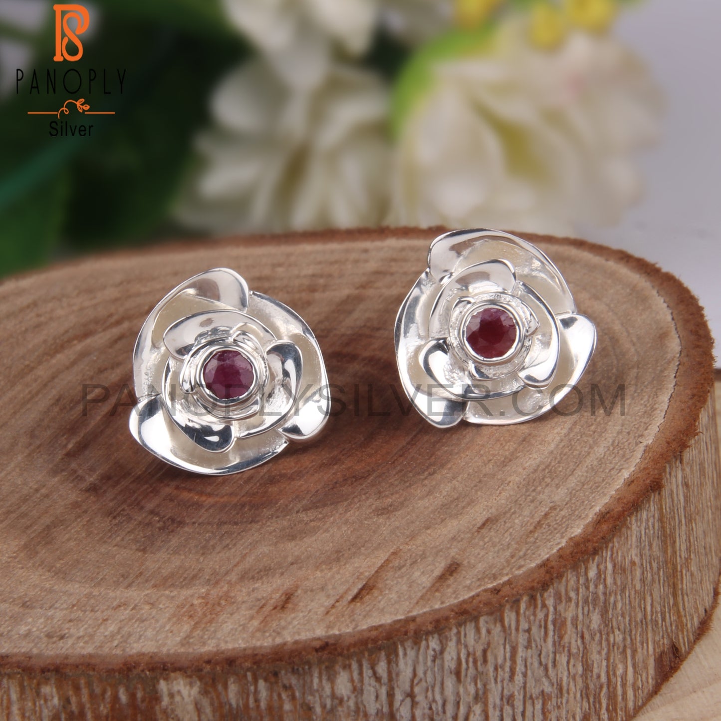 Ruby Round Shape 925 Sterling Silver Earrings