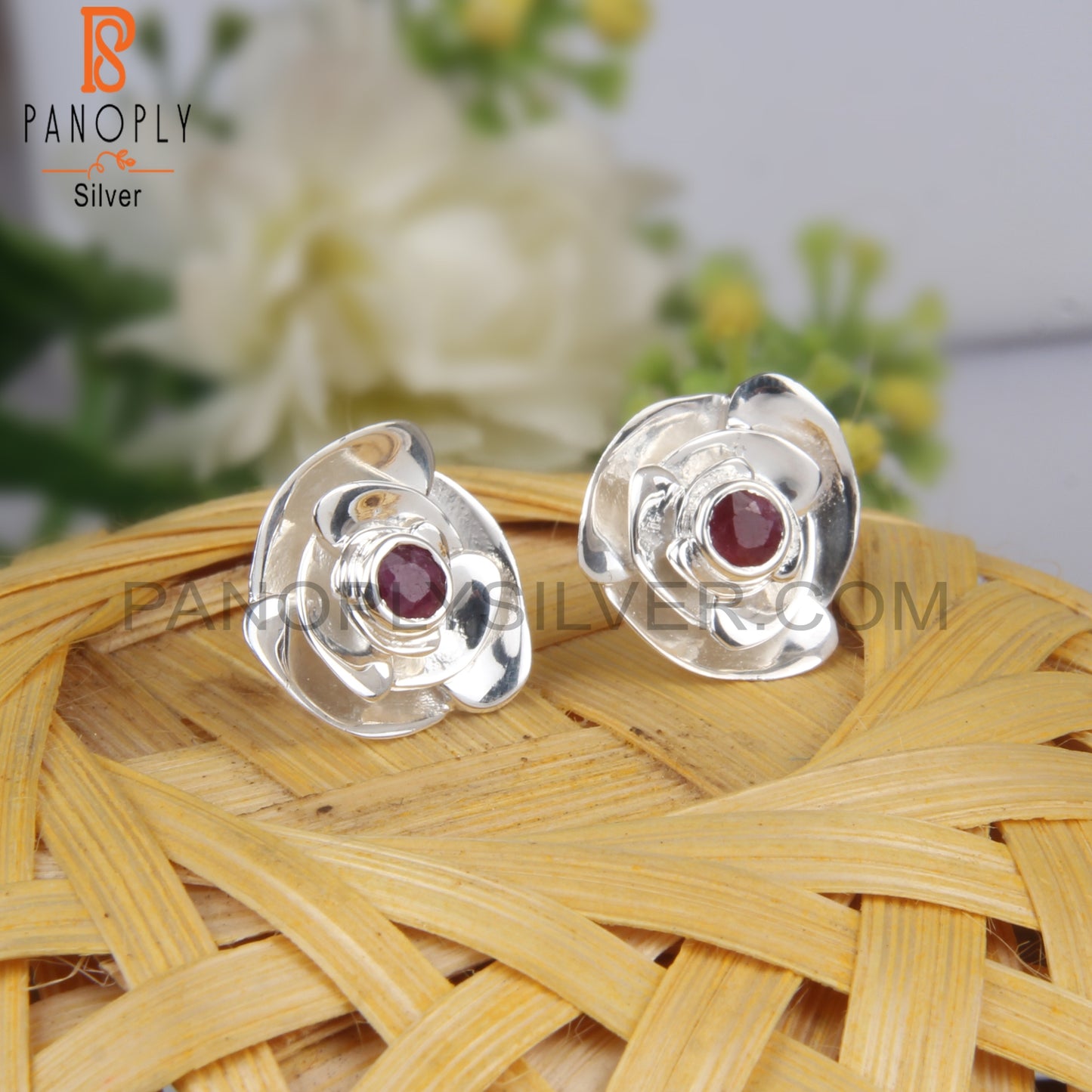 Ruby Round Shape 925 Sterling Silver Earrings
