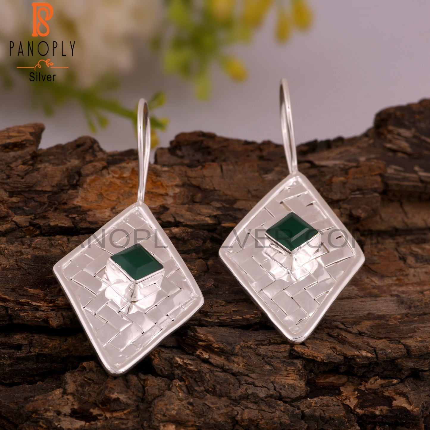 Green Onyx Square Shape 925 Sterling Silver Earrings