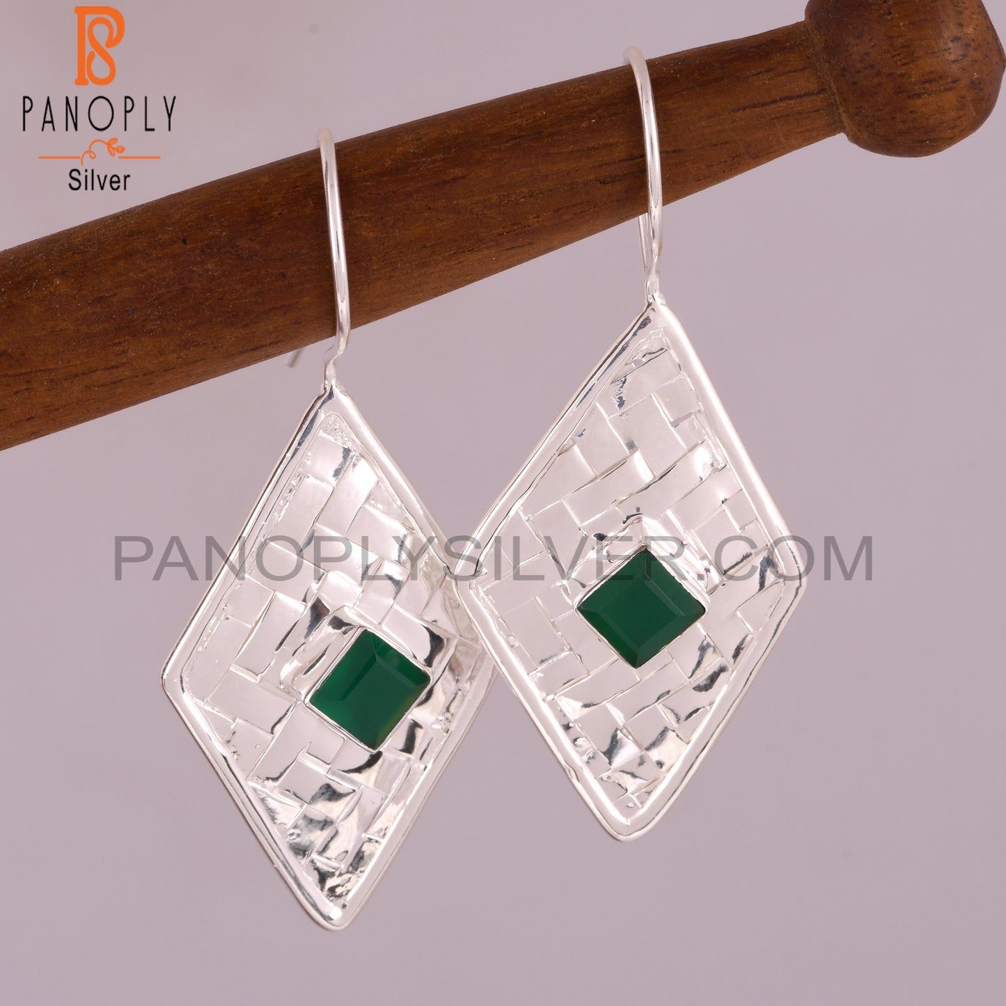 Green Onyx Square Shape 925 Sterling Silver Earrings