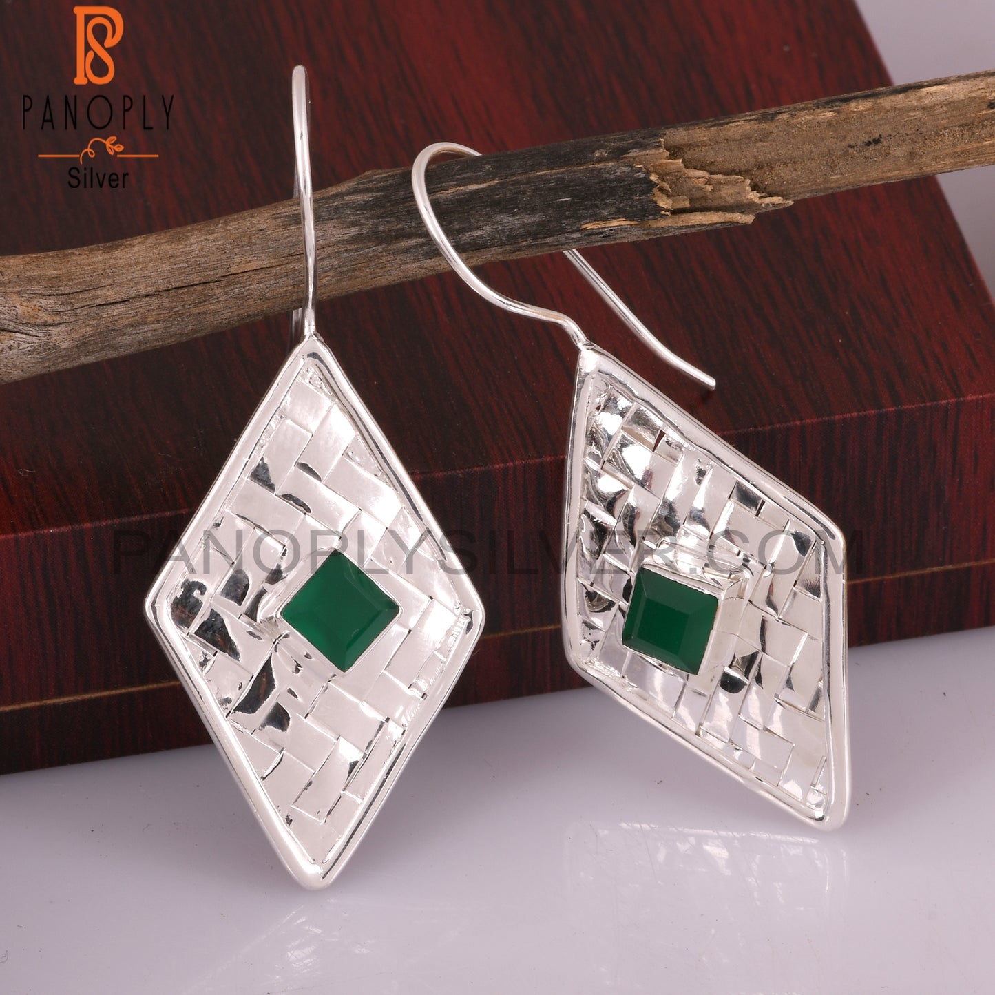 Green Onyx Square Shape 925 Sterling Silver Earrings
