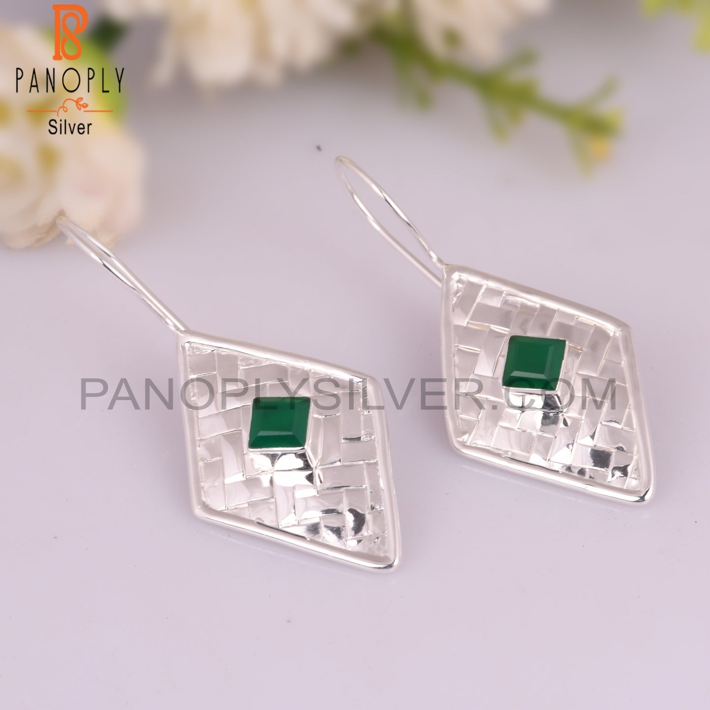 Green Onyx Square Shape 925 Sterling Silver Earrings