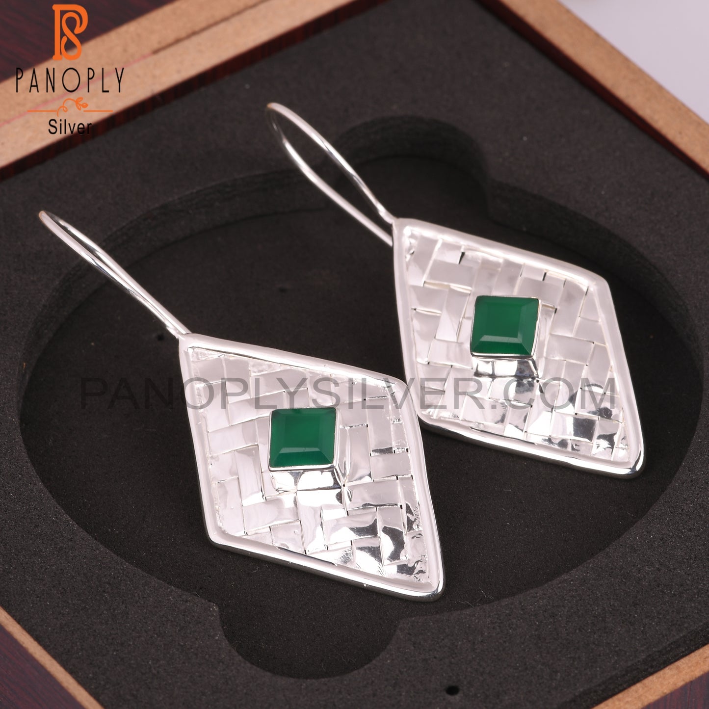 Green Onyx Square Shape 925 Sterling Silver Earrings