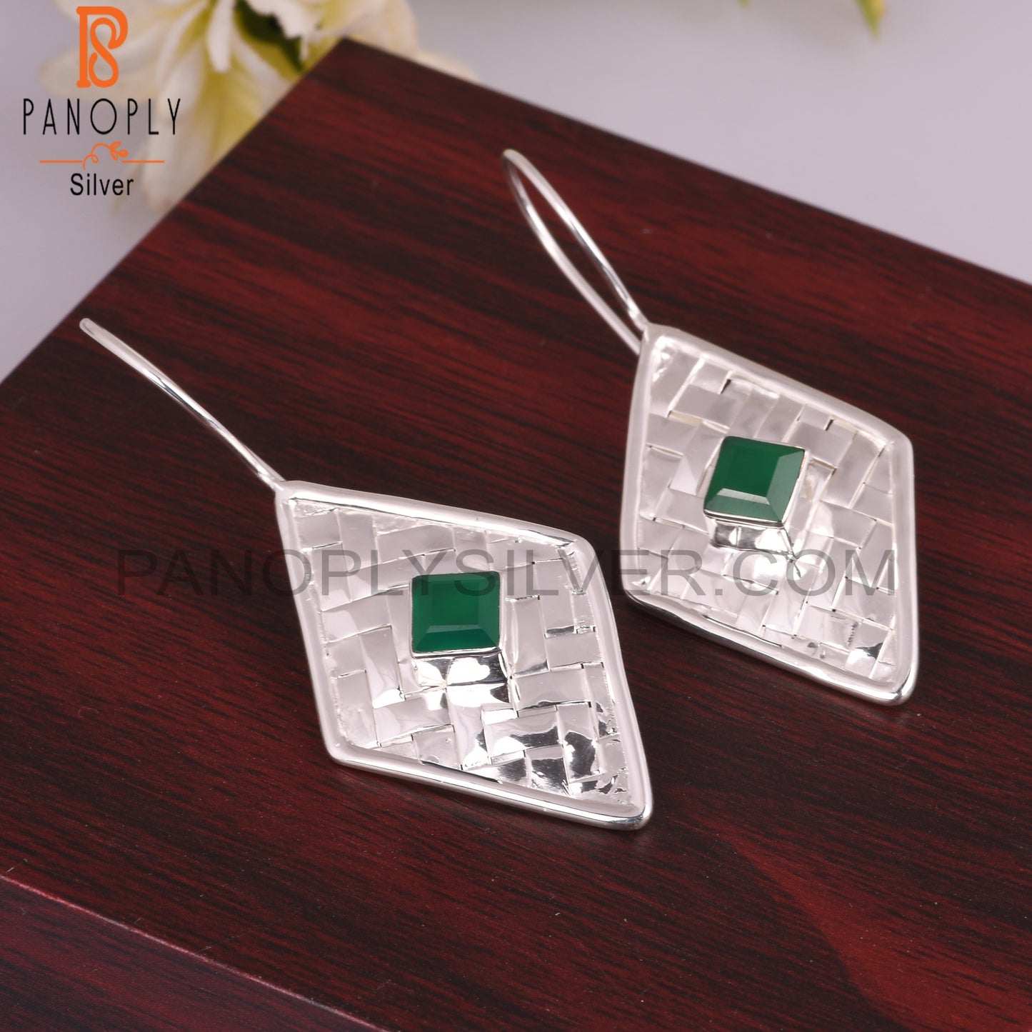 Green Onyx Square Shape 925 Sterling Silver Earrings
