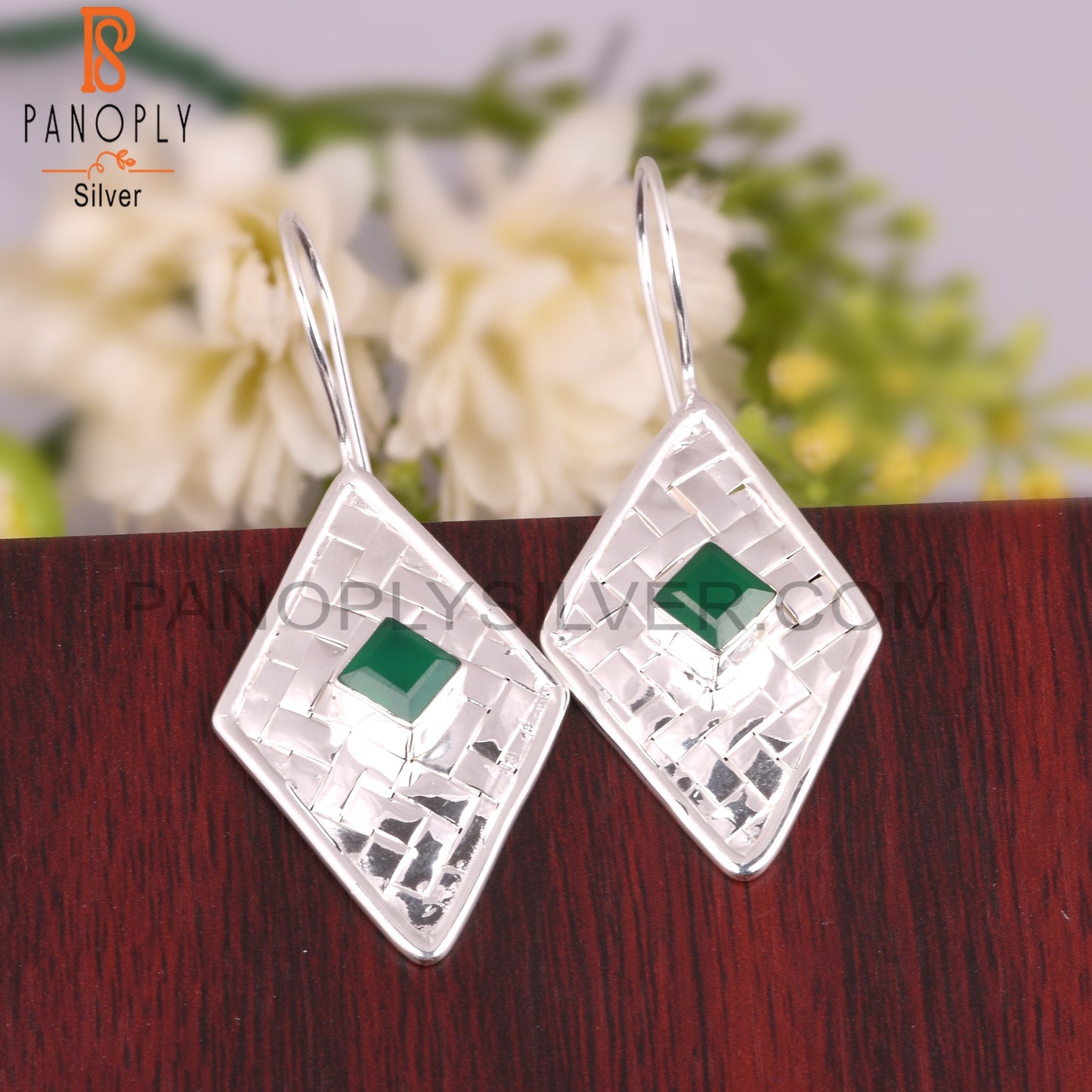 Green Onyx Square Shape 925 Sterling Silver Earrings