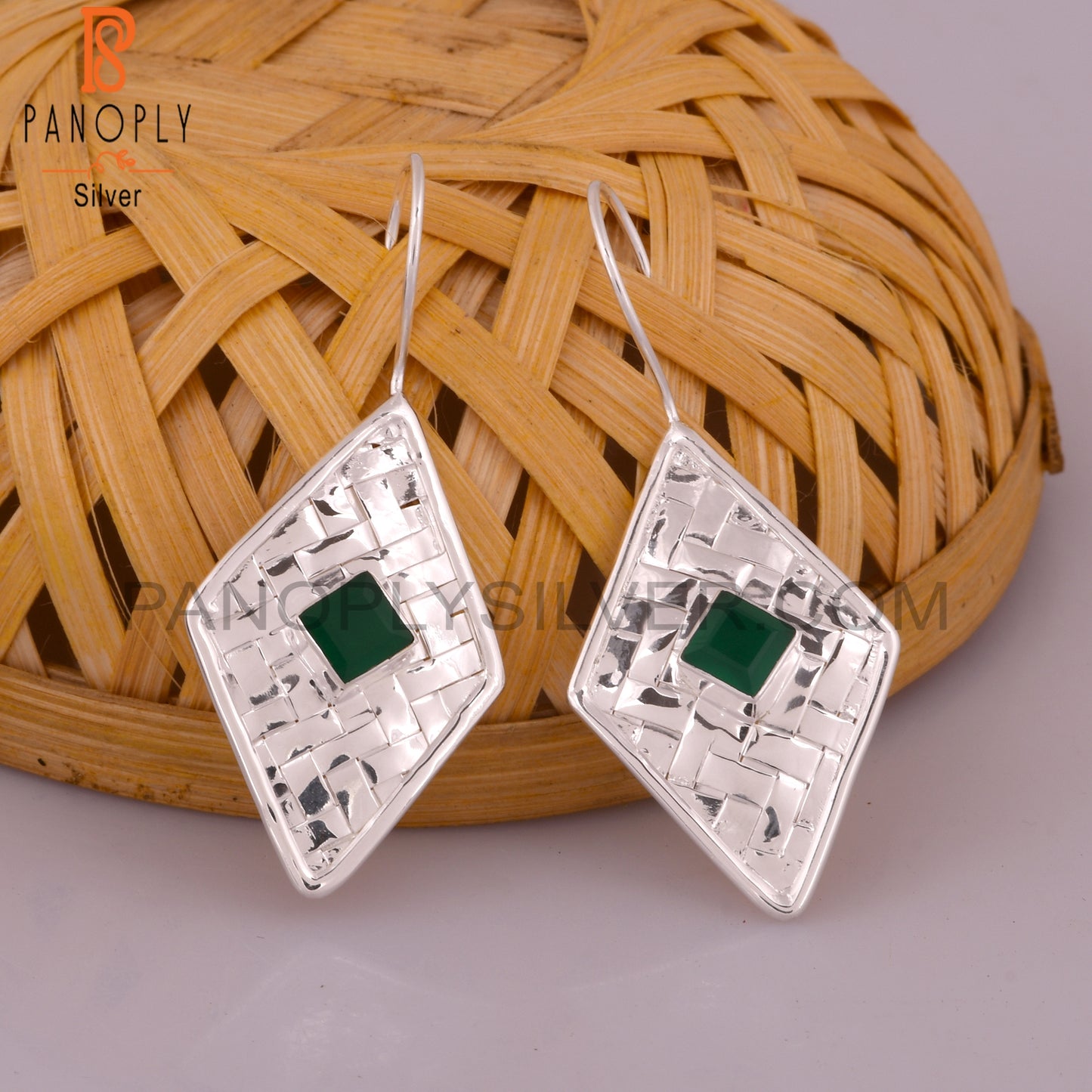Green Onyx Square Shape 925 Sterling Silver Earrings