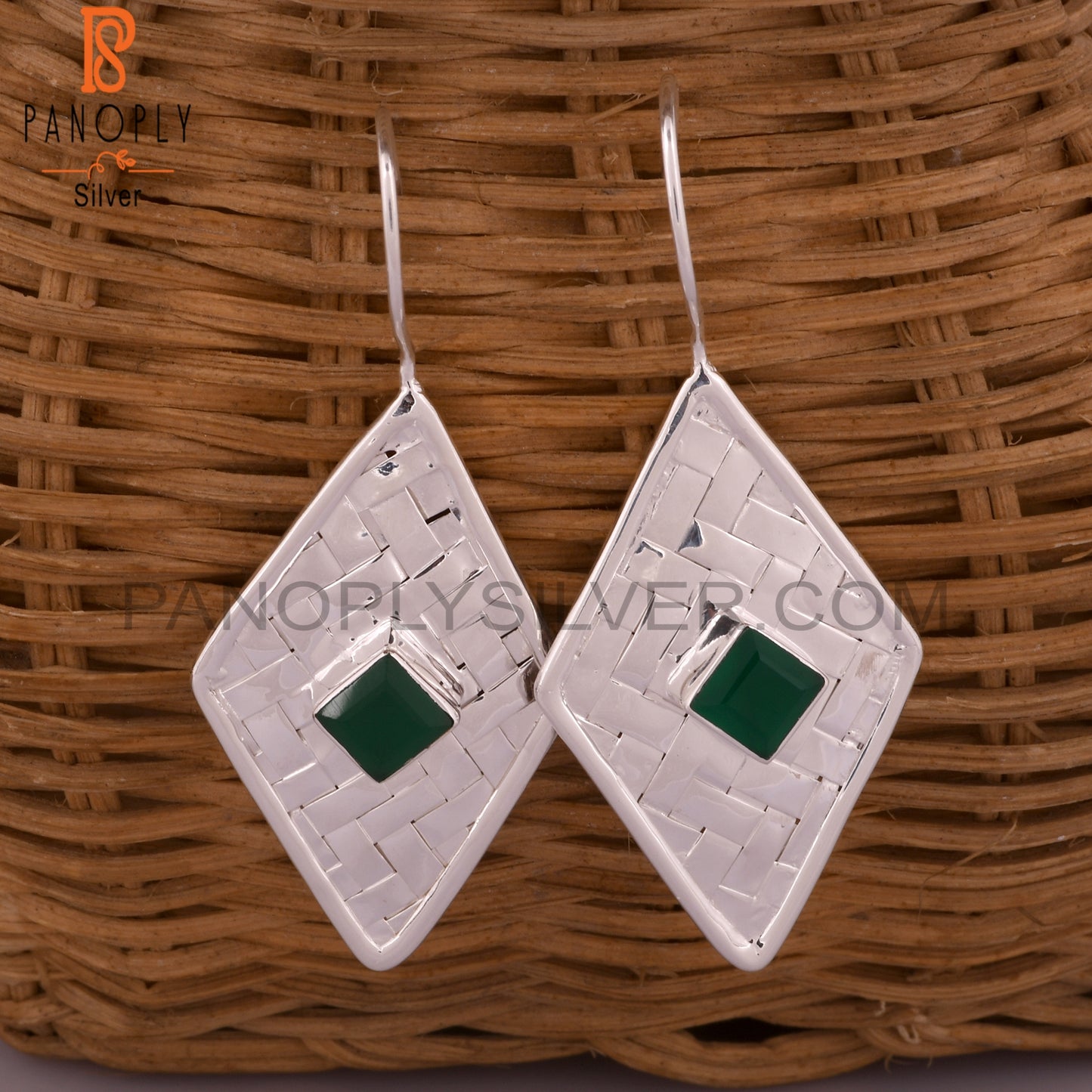 Green Onyx Square Shape 925 Sterling Silver Earrings