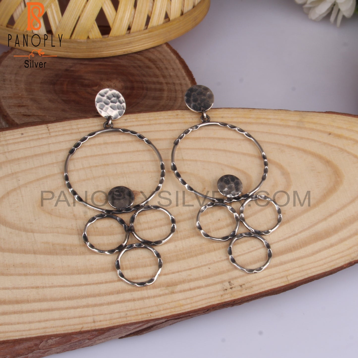 Geometric Textured 925 Sterling Silver Chandelier Earrings