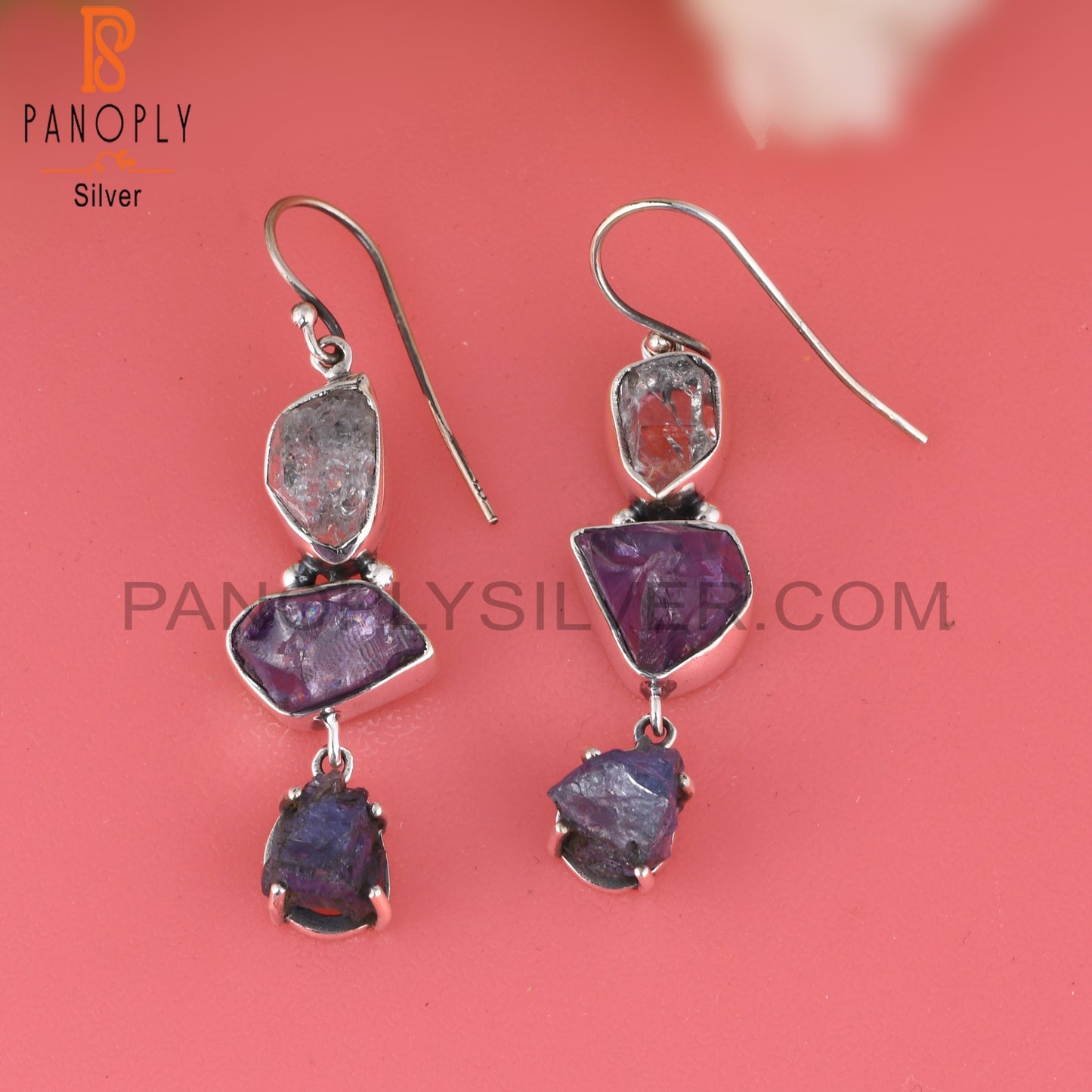 Herkimer Diamond, Tanzanite & Amethyst 925 Silver Earrings