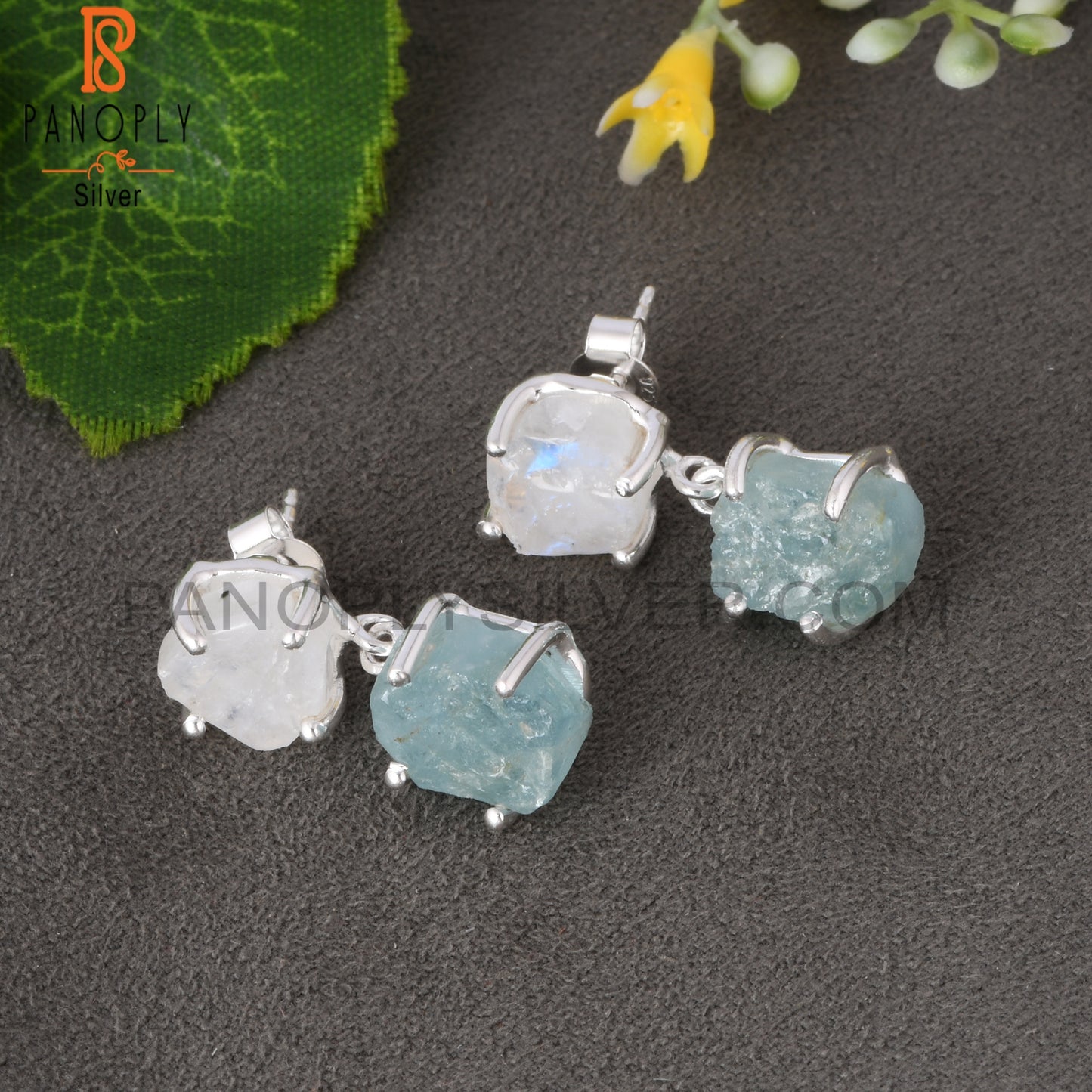 Aquamarine & Rainbow Moonstone 925 Silver Hanging Earrings