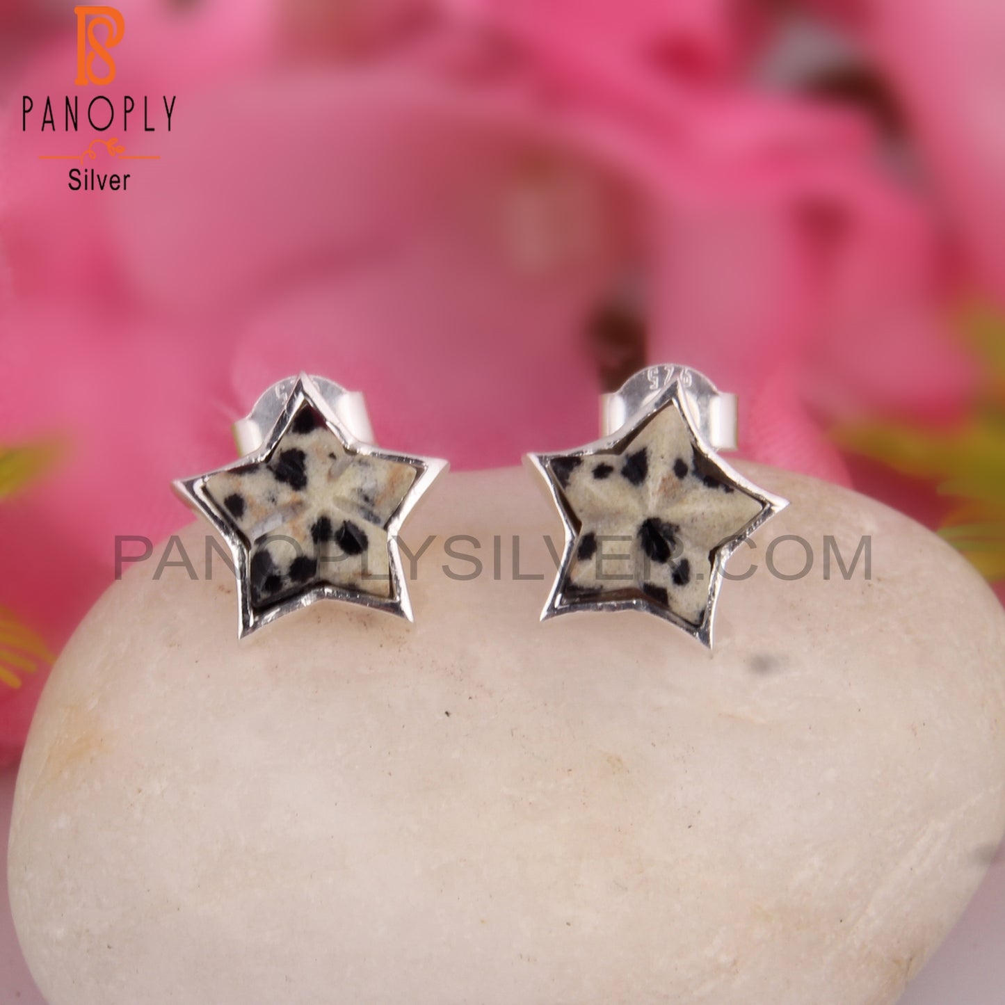 Dalmatian Jasper Star Shape 925 Sterling SilverStuds Earrings