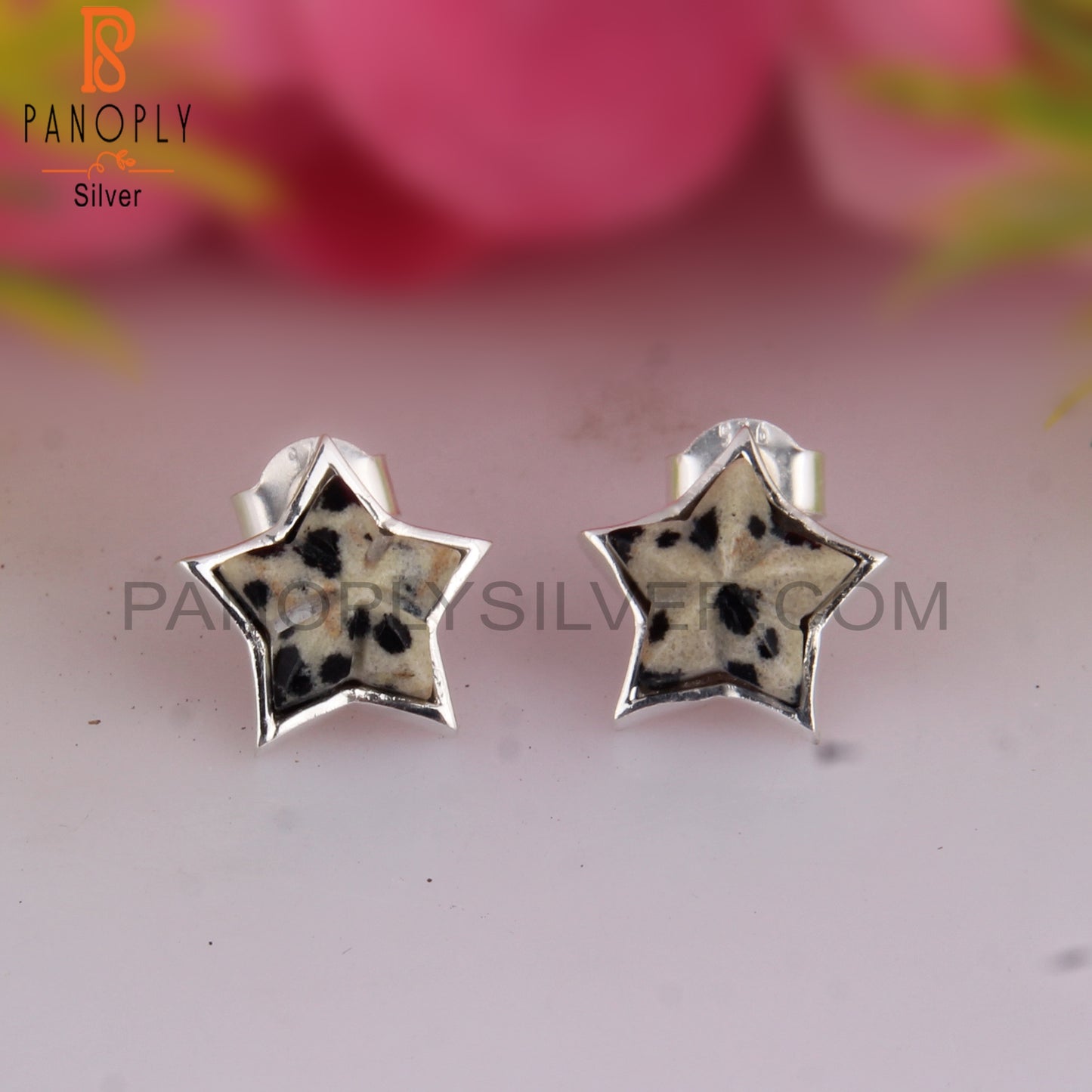 Dalmatian Jasper Star Shape 925 Sterling SilverStuds Earrings
