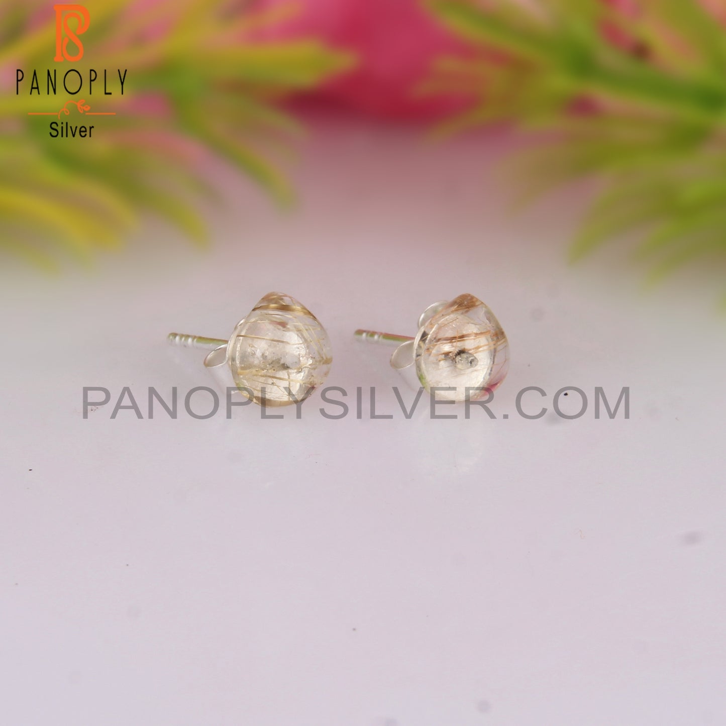 Golden Rutile Round 925 Sterling Silver Earrings