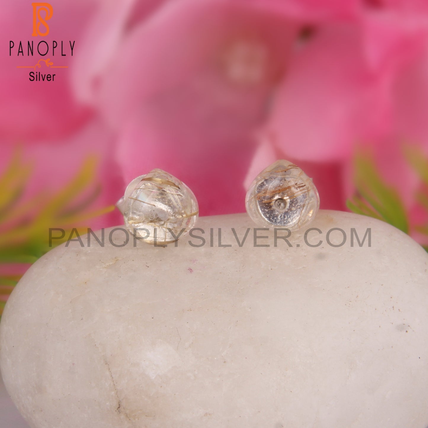 Golden Rutile Round 925 Sterling Silver Earrings