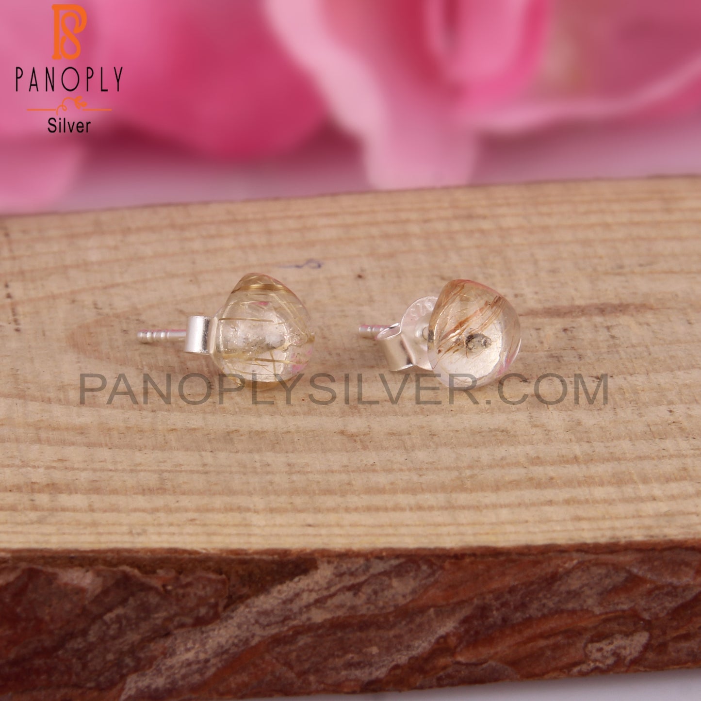 Golden Rutile Round 925 Sterling Silver Earrings