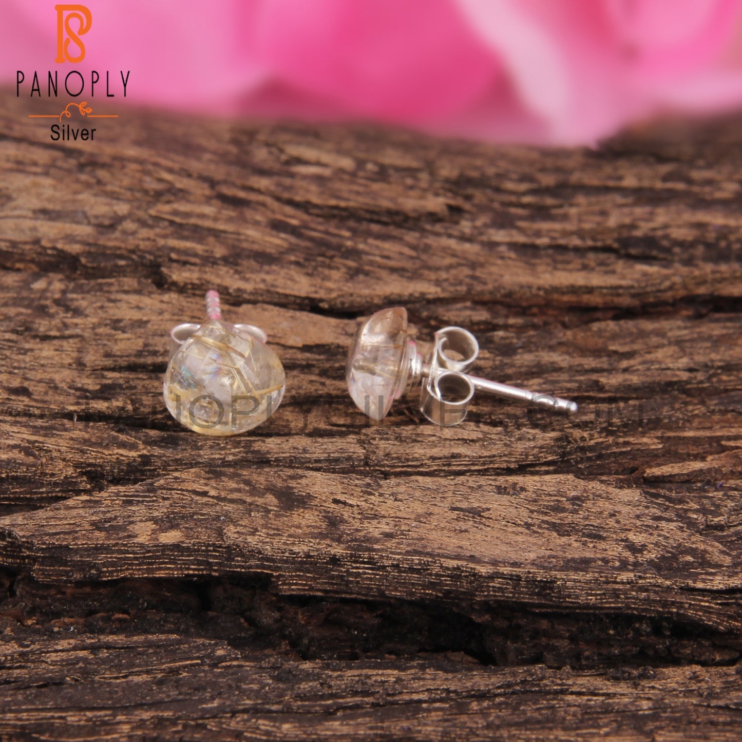 Golden Rutile Round 925 Sterling Silver Earrings