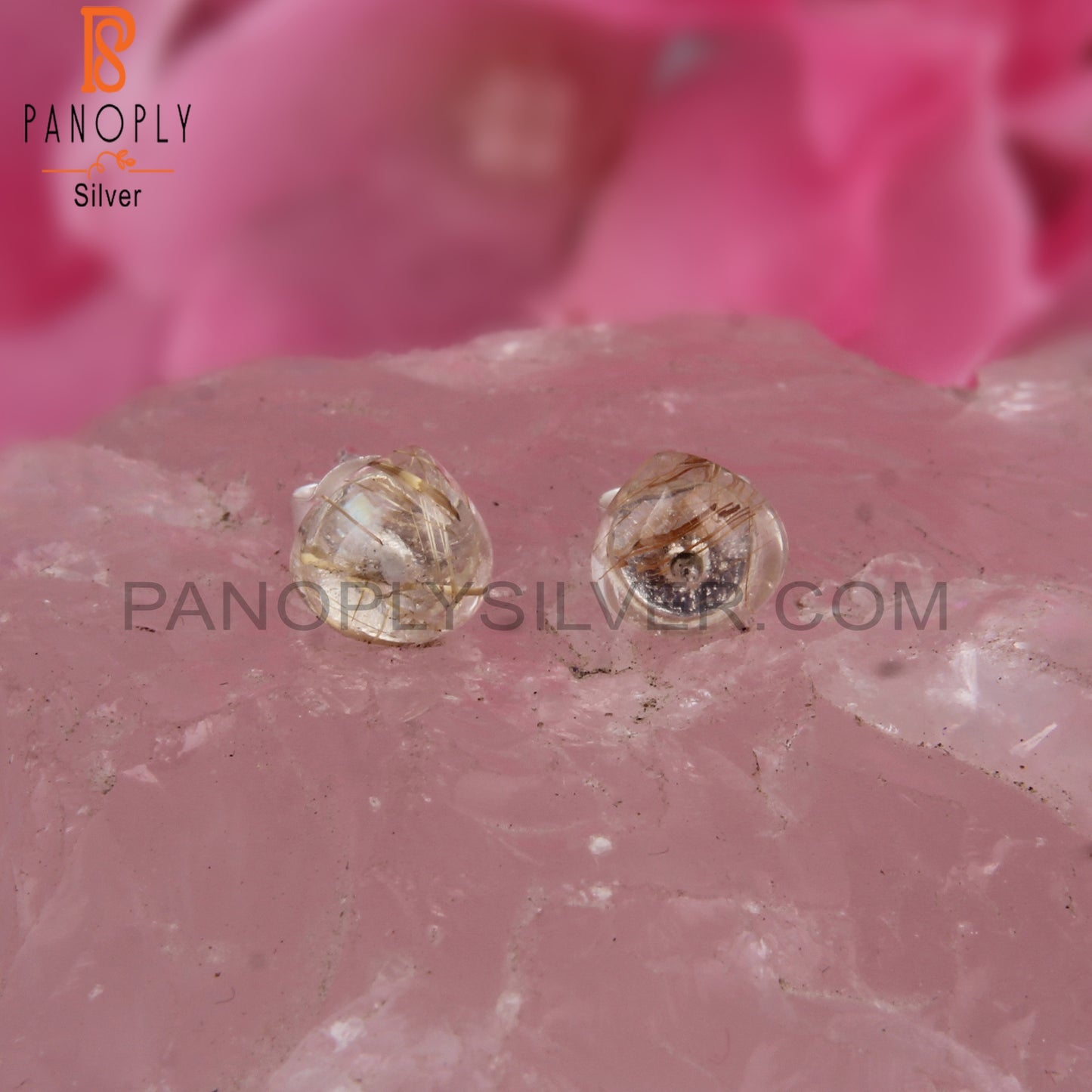 Golden Rutile Round 925 Sterling Silver Earrings