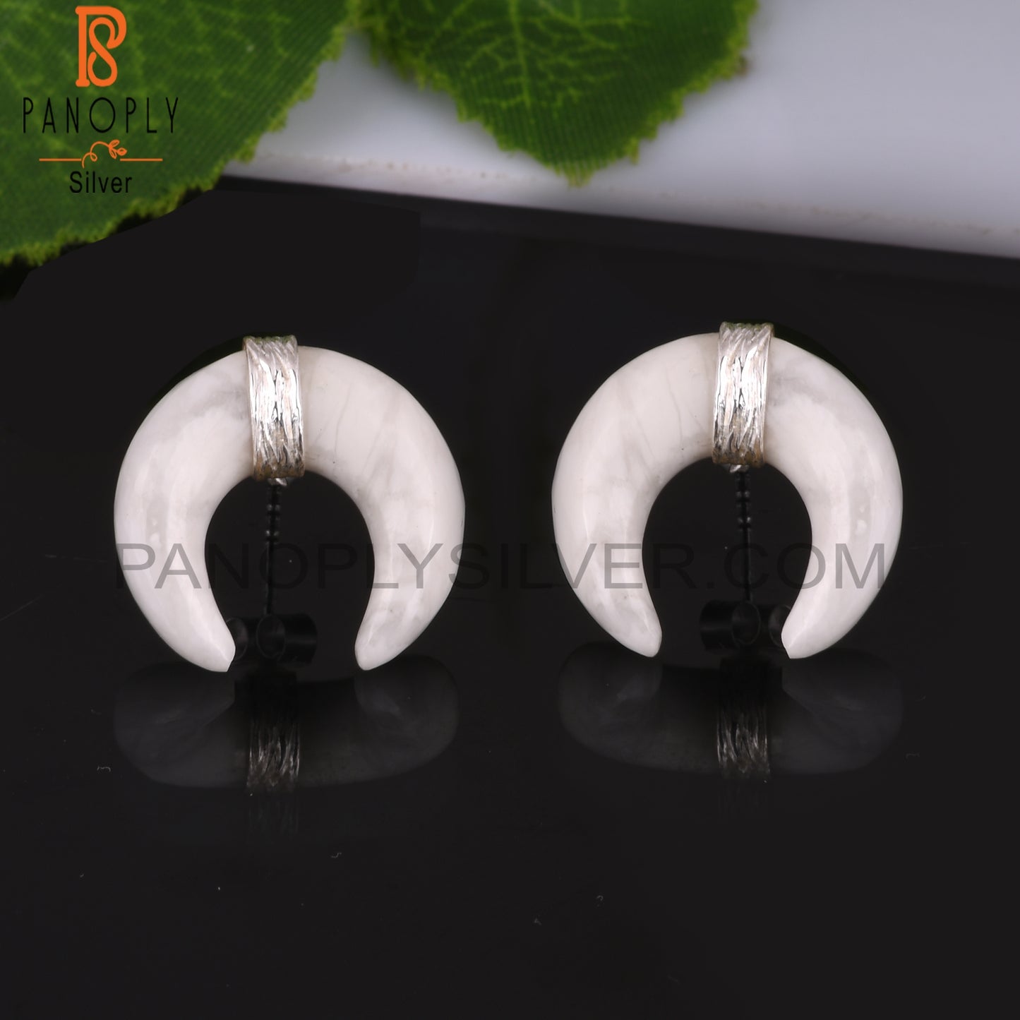 Howlite Half Moon Shape Sterling Silver Earrings