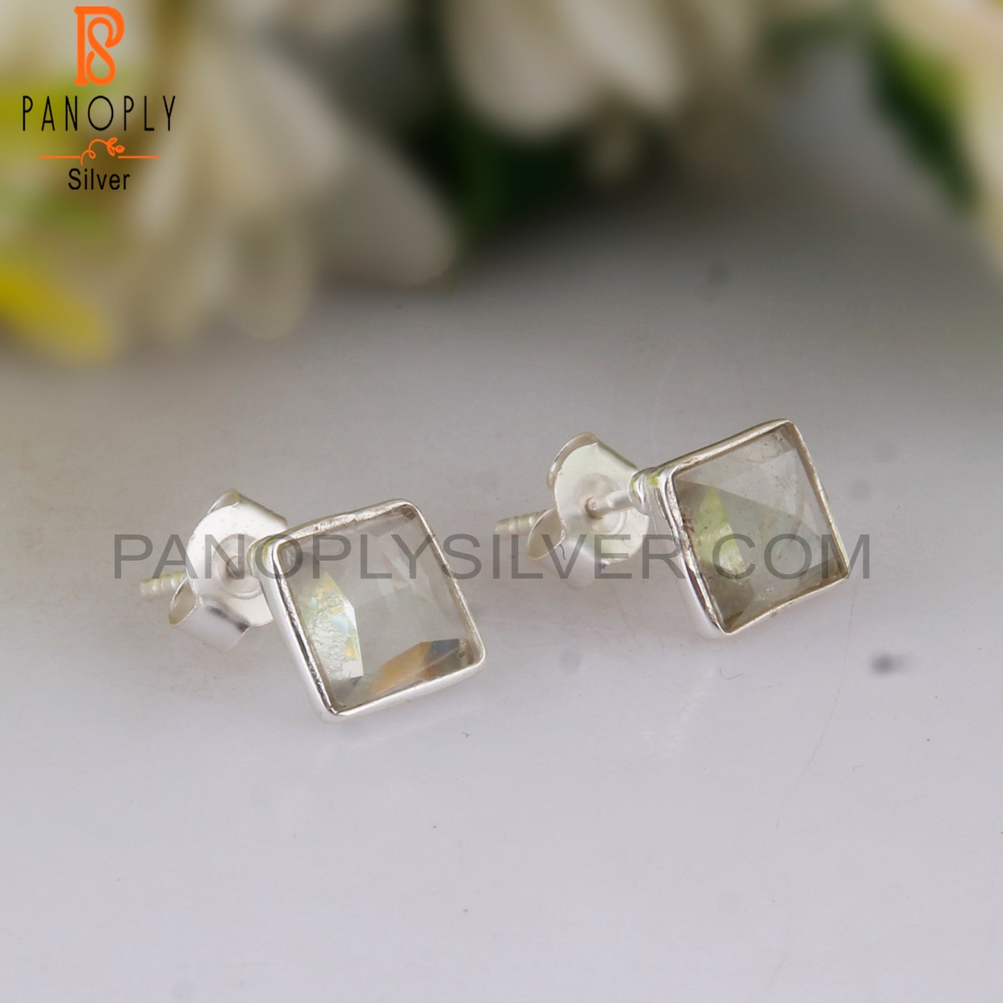 Green Amethyst Natural Square Sterling Silver Studs Earrings