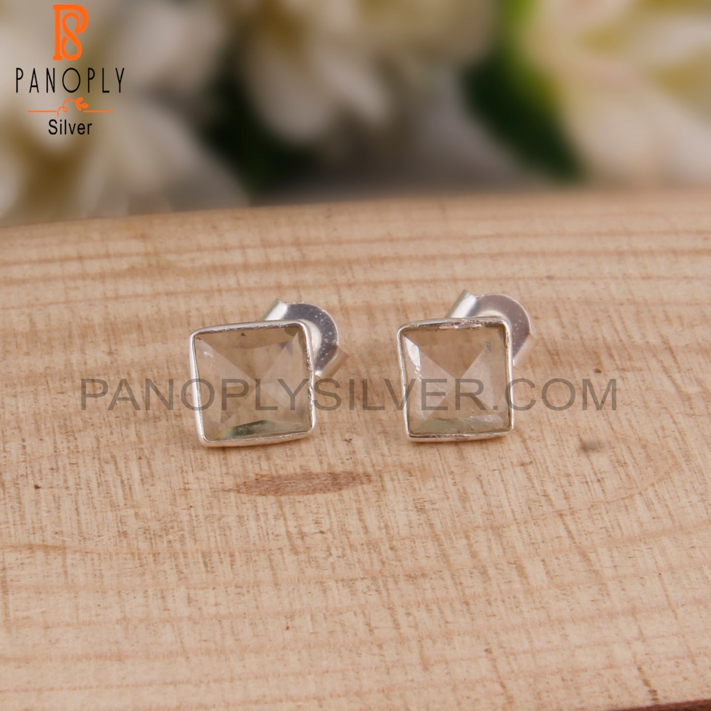 Green Amethyst Natural Square Sterling Silver Studs Earrings