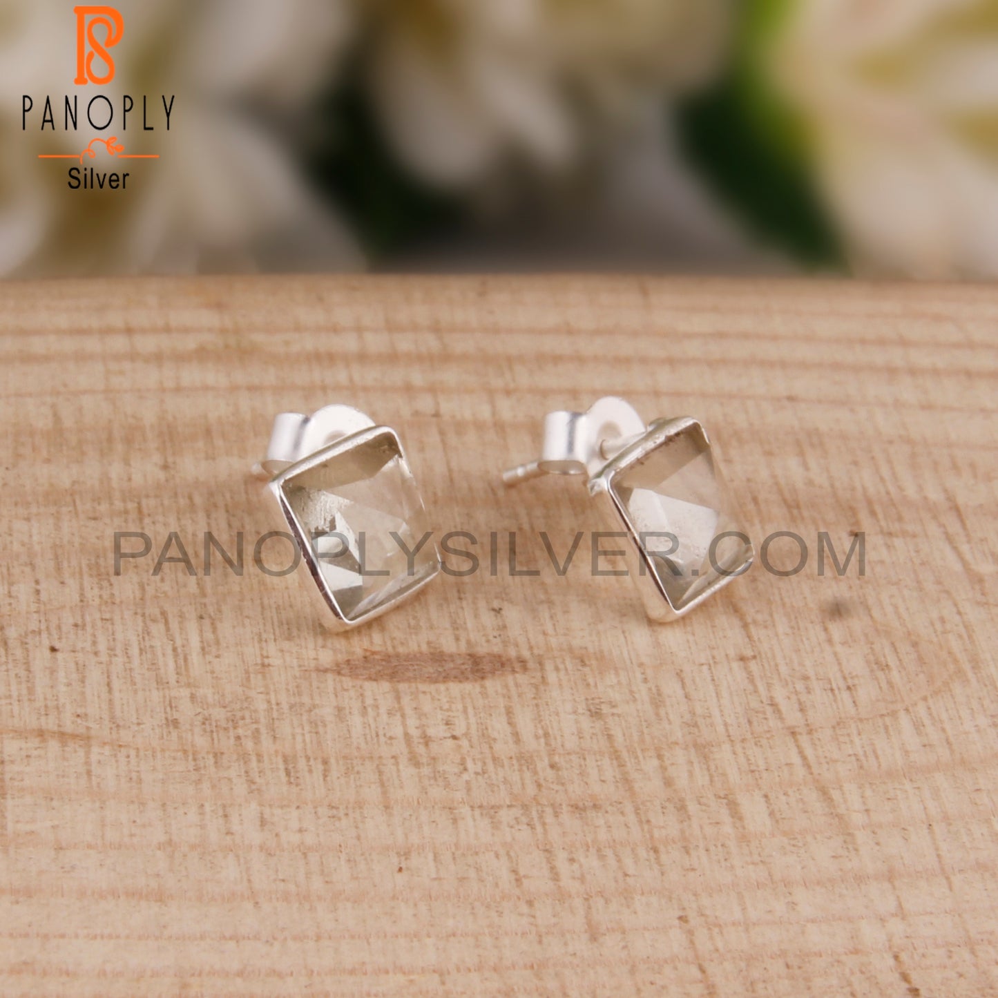 Green Amethyst Natural Square Sterling Silver Studs Earrings
