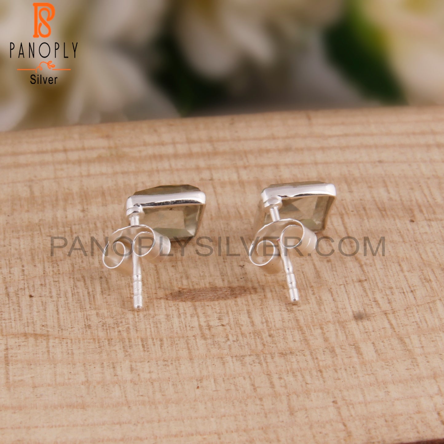 Green Amethyst Natural Square Sterling Silver Studs Earrings