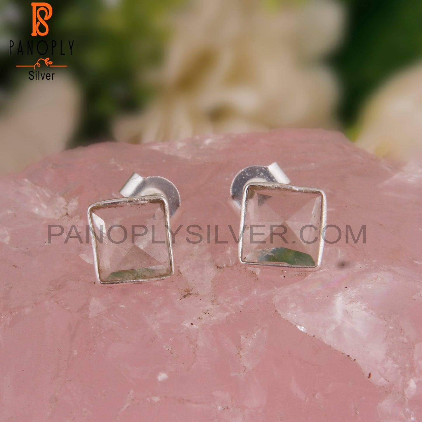 Green Amethyst Natural Square Sterling Silver Studs Earrings