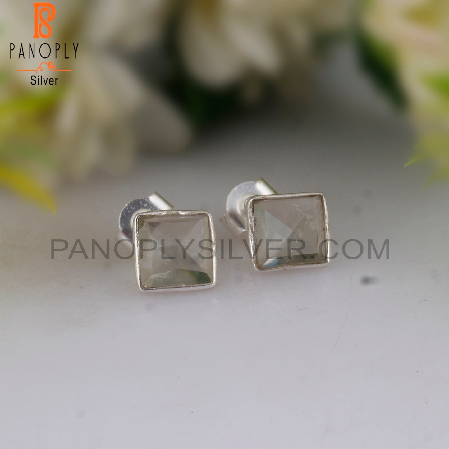 Green Amethyst Natural Square Sterling Silver Studs Earrings