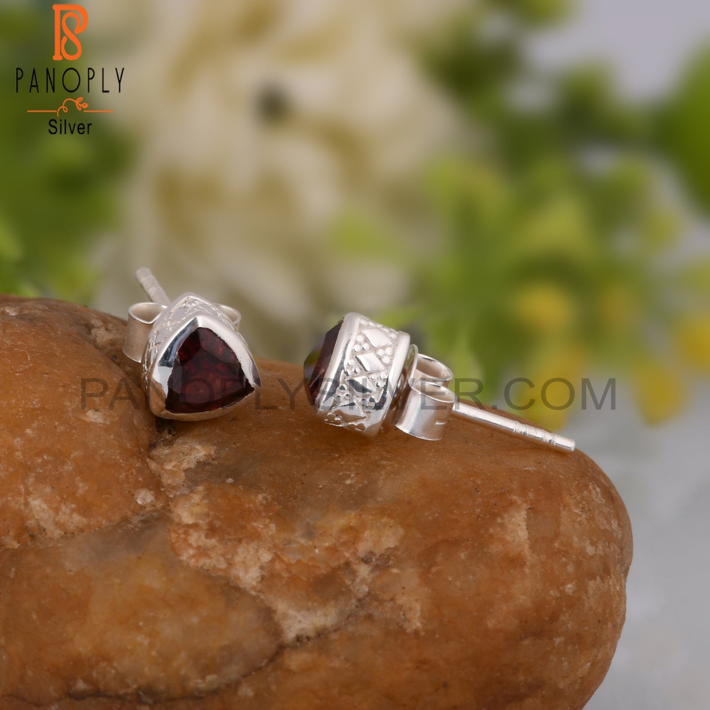 Garnet Trillion Shape 925 Sterling Silver Earrings