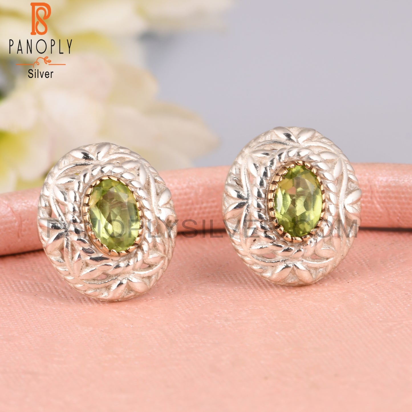 Peridot Oval Shape 925 Sterling Silver Stamp Earrings